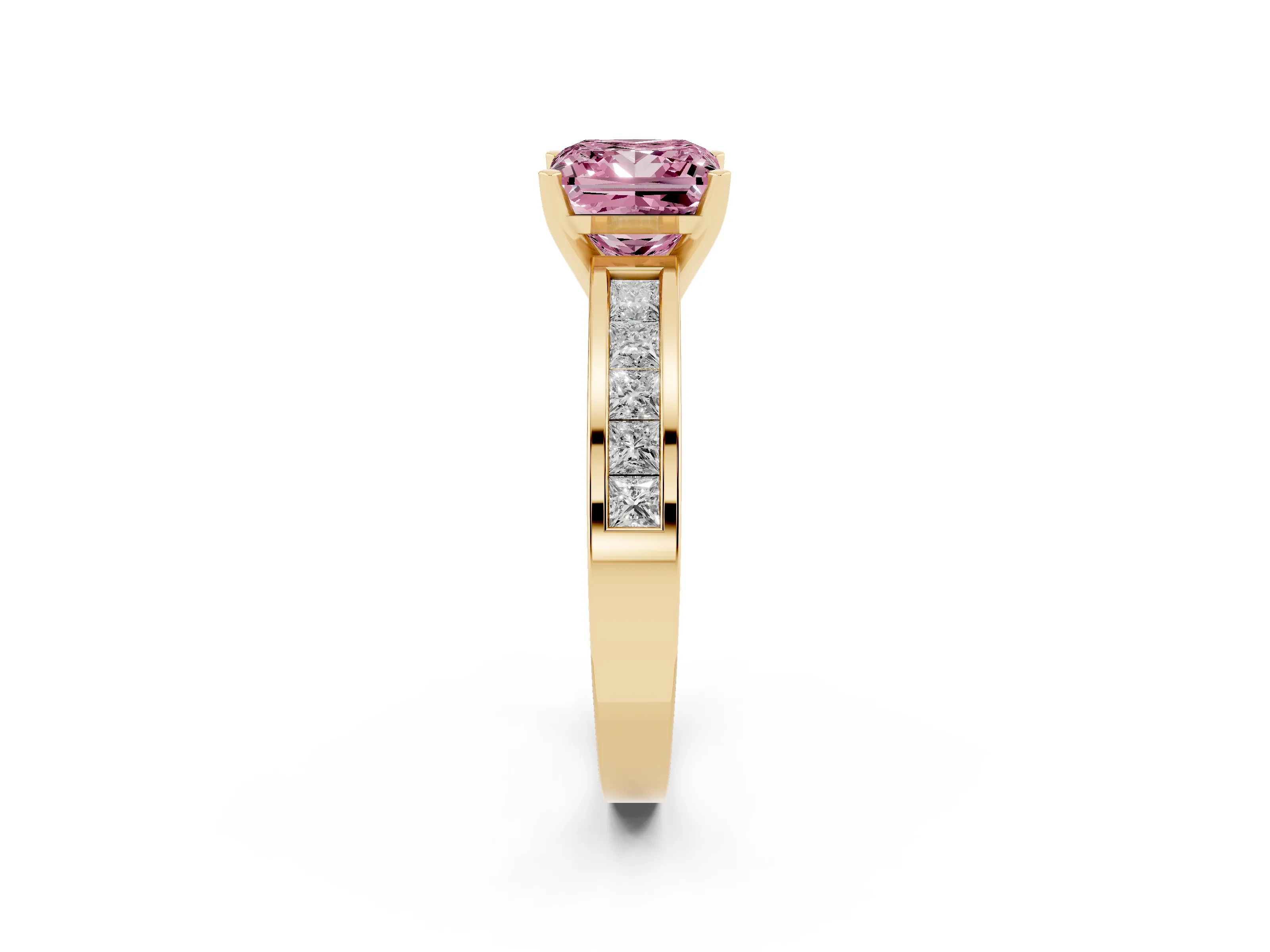 Fancy Pink Princess Cut Diamond Solitaire Ring Set in Yellow gold with Channel-Set Band and Prong Setting
