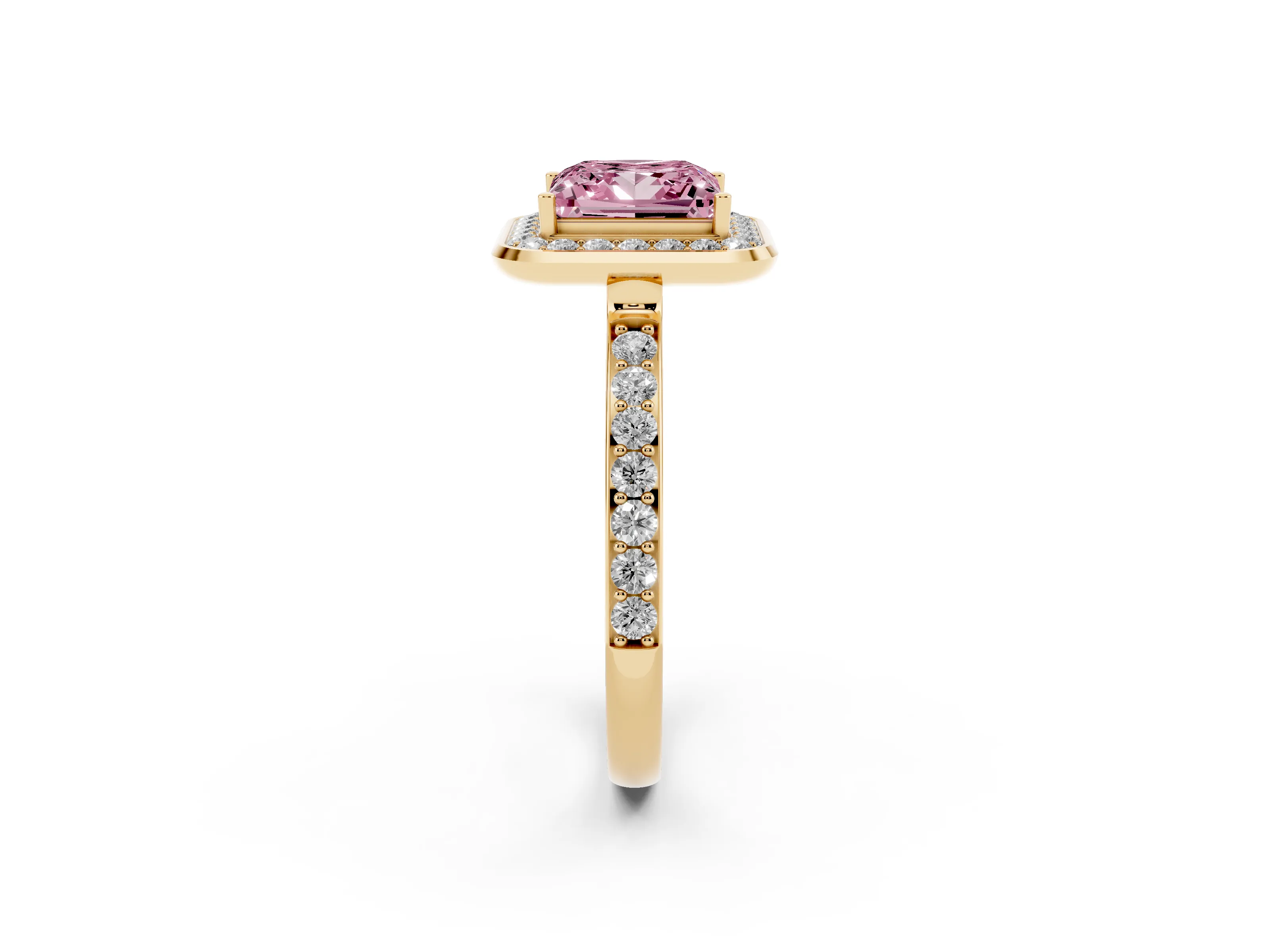 Fancy Pink Princess Cut Diamond Halo Ring Set in Yellow gold with Bezel Frame and Pavé Band