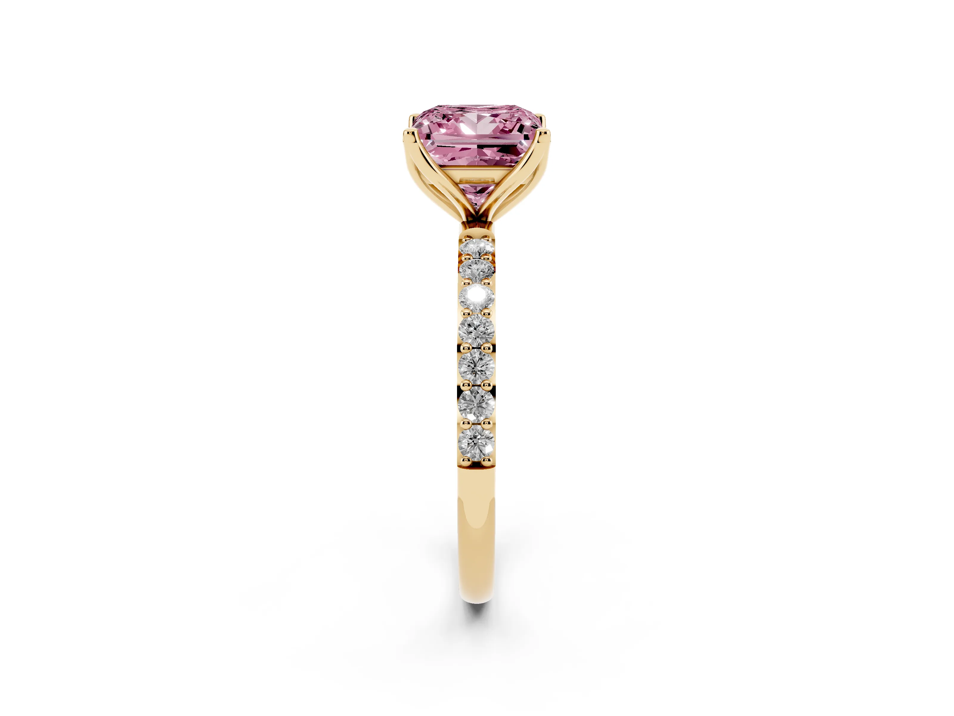 Fancy Pink Princess Cut Diamond Solitaire Engagement Ring Set in Yellow gold with Round Pavé Band and Prong Setting