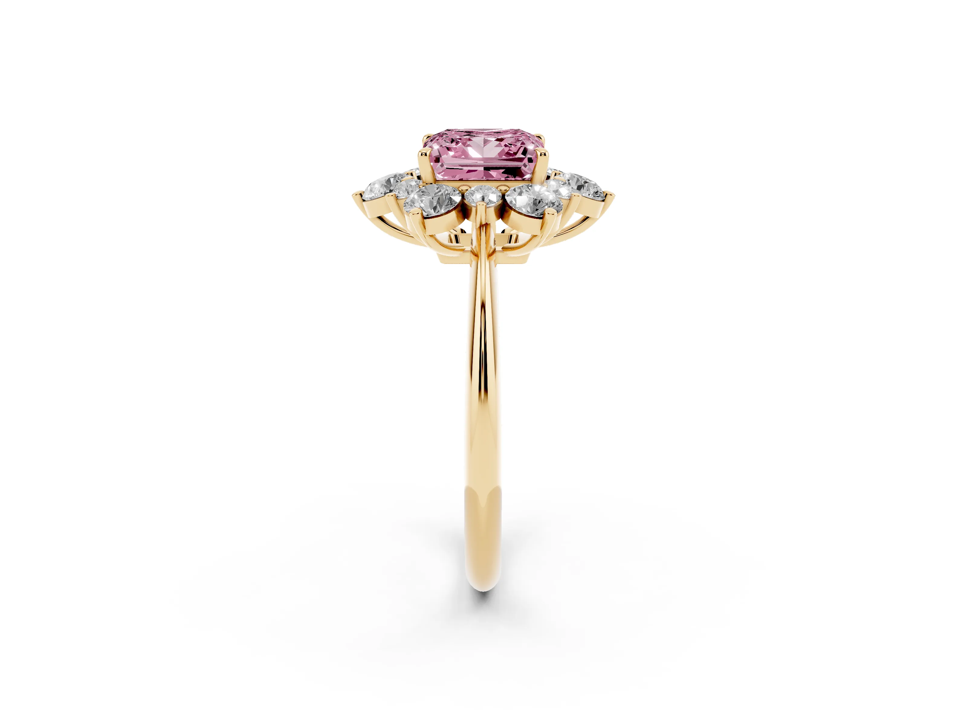 Fancy Pink Princess Cut Diamond Cluster Halo Ring Set in Yellow gold with Solitaire Band and Prong Setting