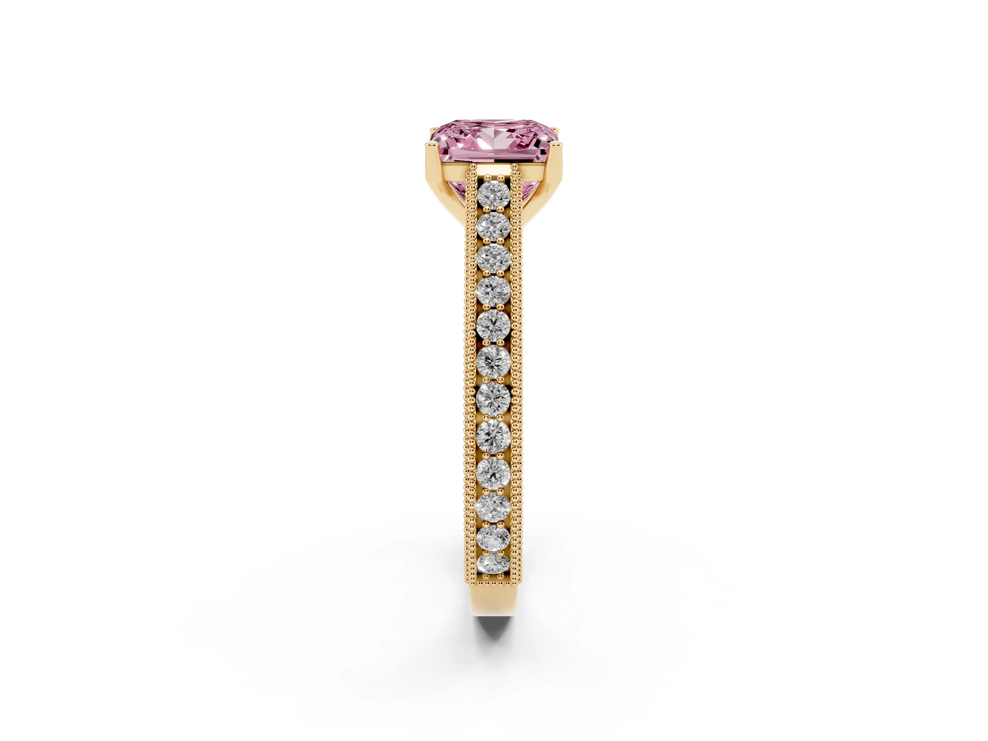 Fancy Pink Princess Cut Diamond Milgrain Pavé Band Solitaire Ring Set in Yellow gold with Prong Setting