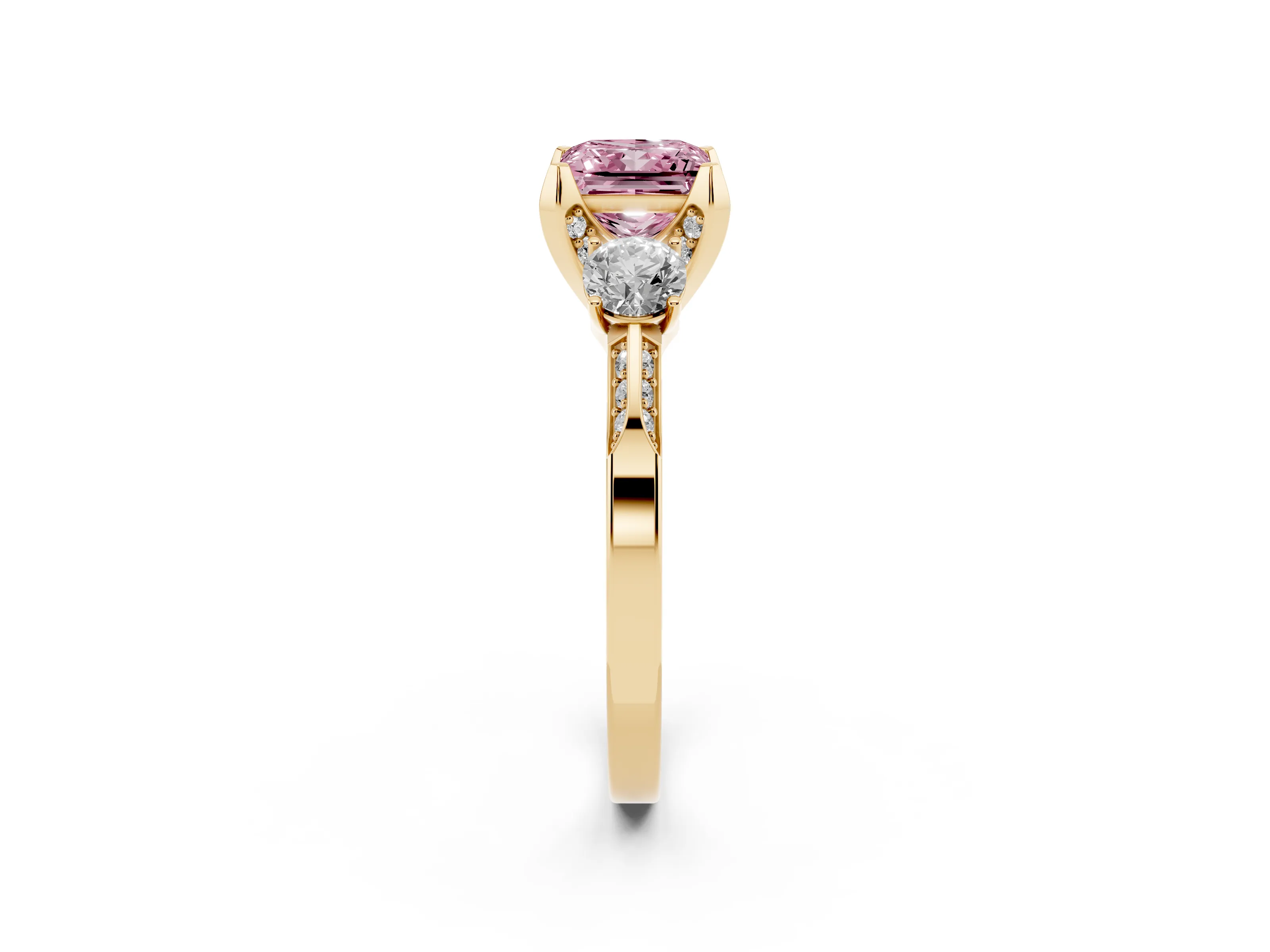 Fancy Pink Princess Cut Diamond Three-Stone Ring Set in Yellow gold with Pavé Band and Smaller Side Stones