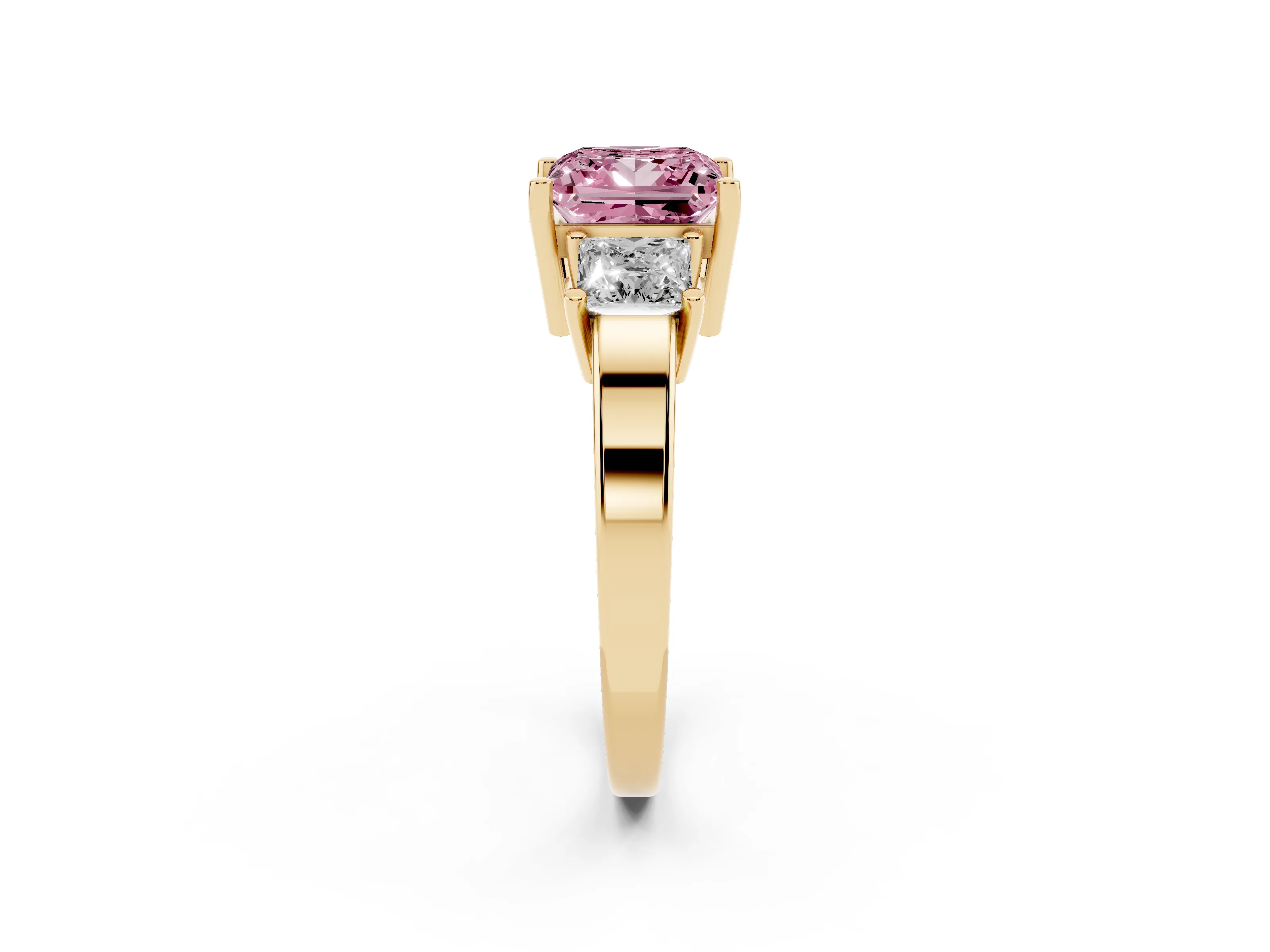 Fancy Pink Three-Stone Princess Cut Diamond Solitaire Ring Set in Yellow gold with Prong Setting