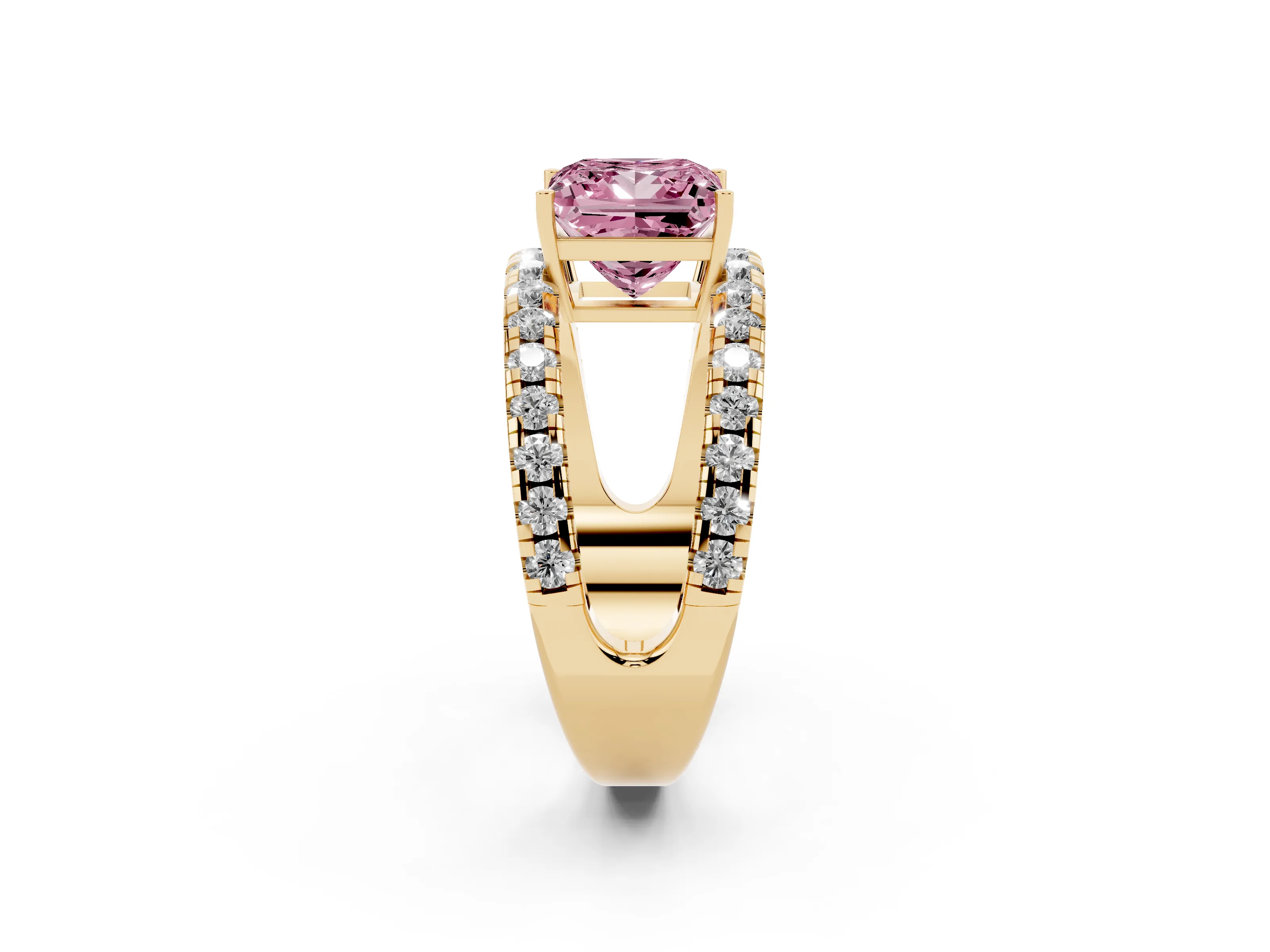 Fancy Pink Princess Cut Diamond Split Shank Pavé Solitaire Ring Set in Yellow gold with Open Shank Design