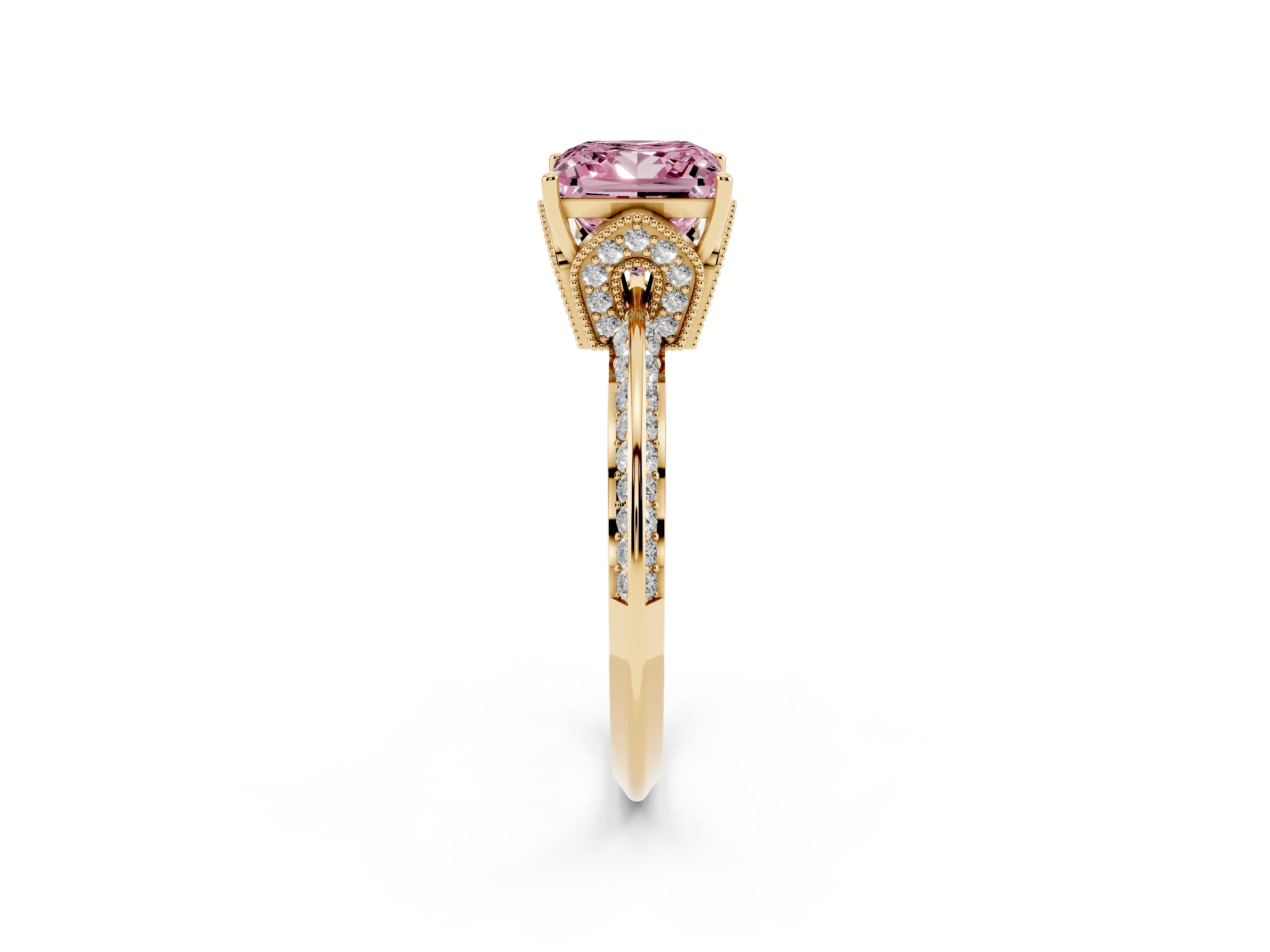 Fancy Pink Princess Cut Diamond Solitaire Engagement Ring Set in Yellow gold with Pavé Split Shank and Prong Setting