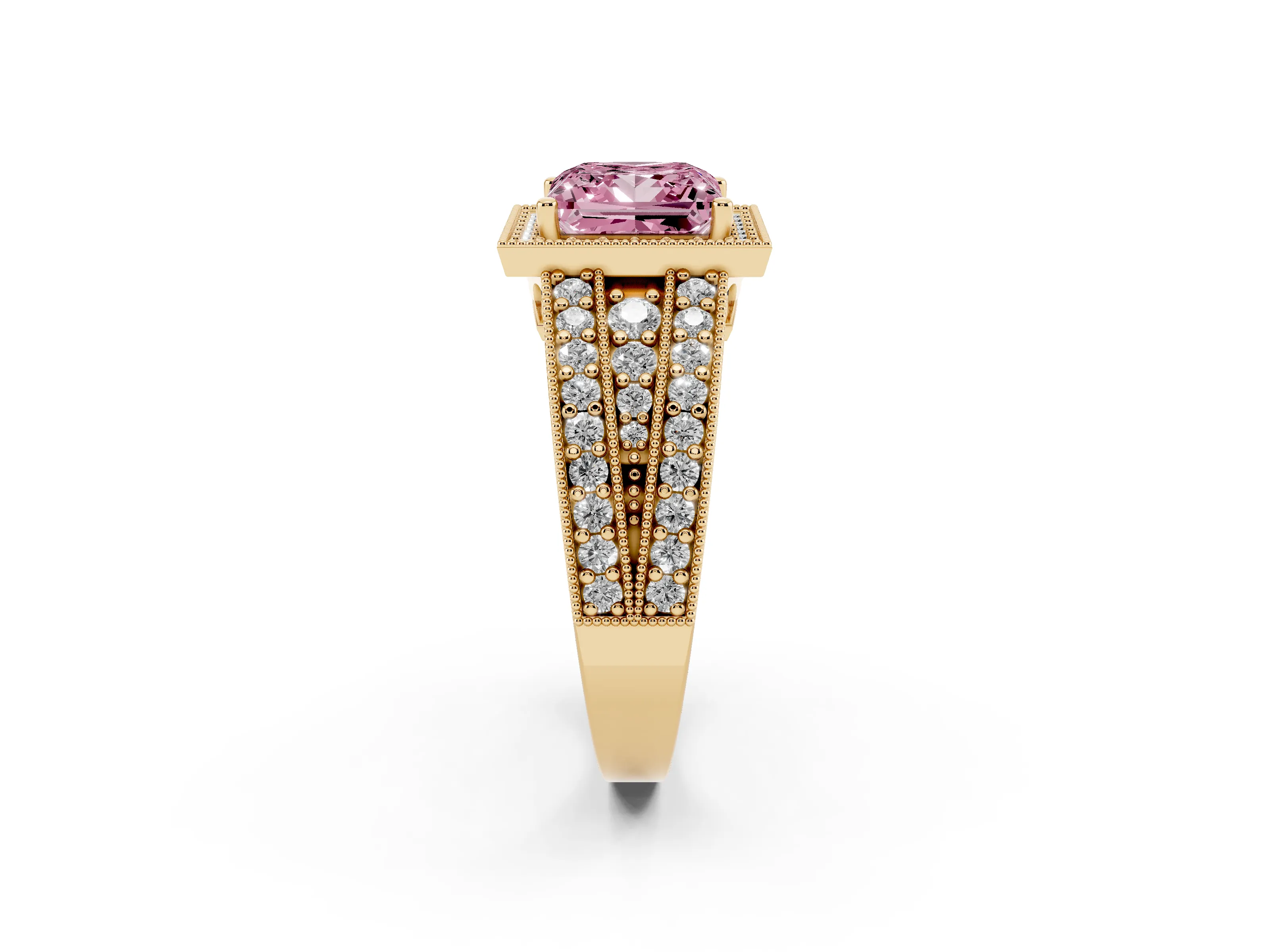Fancy Pink Princess Cut Diamond Halo Ring Set in Yellow gold with Accent Split Shank and Prong Setting