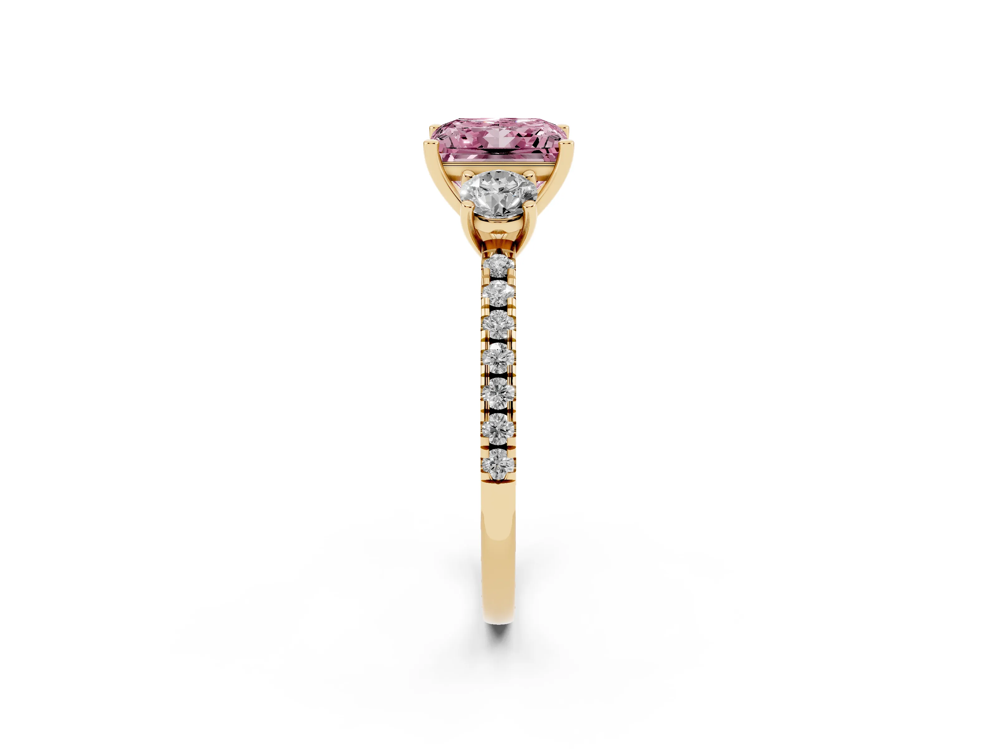 Fancy Pink Princess Cut Diamond Three-Stone Ring Set in Yellow gold with Pavé Band and Graduated Sides