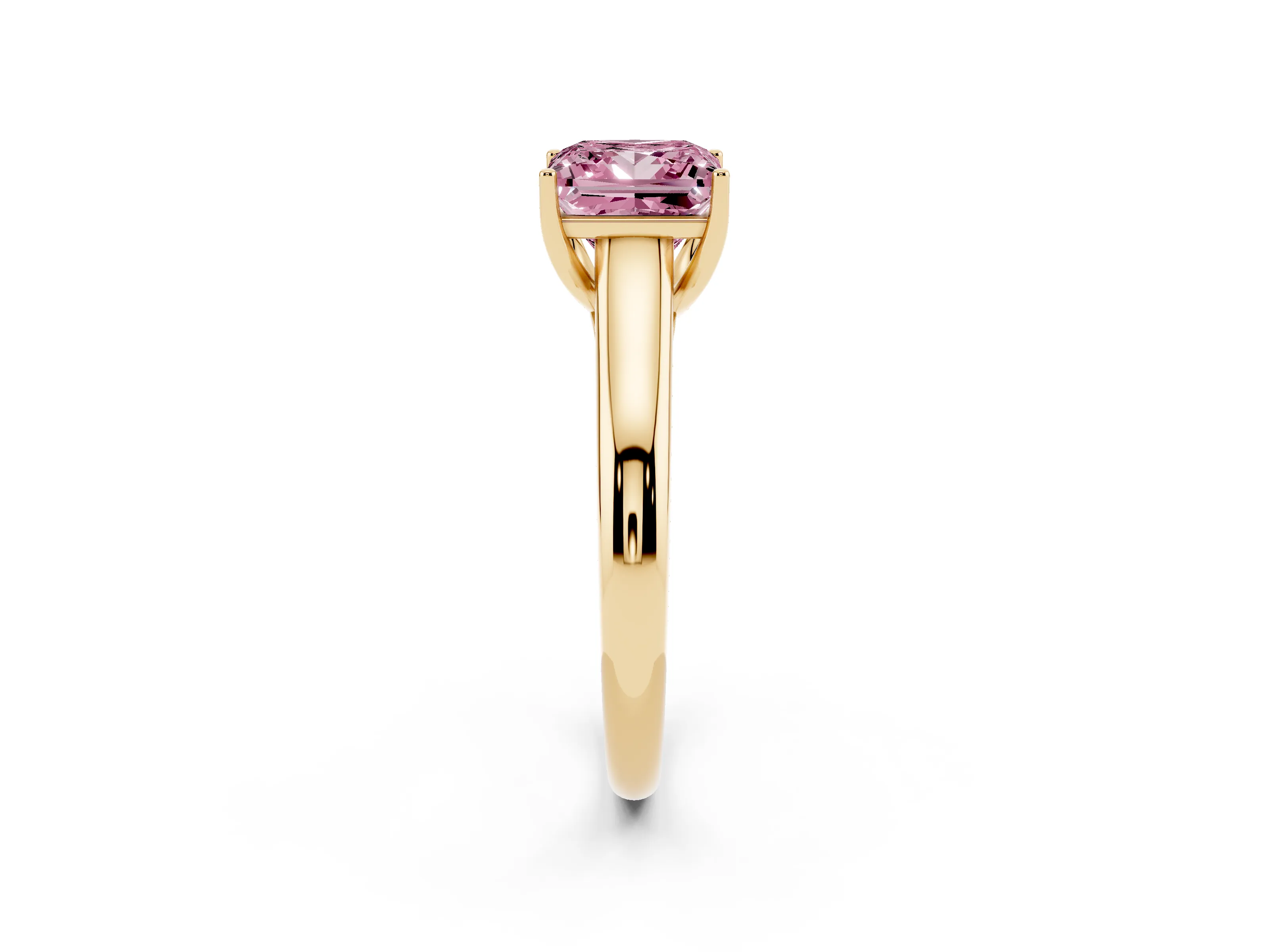 Fancy Pink Princess Cut Diamond Solitaire Engagement Ring Set in Yellow gold with Subtly Tapered Band and Prong Setting