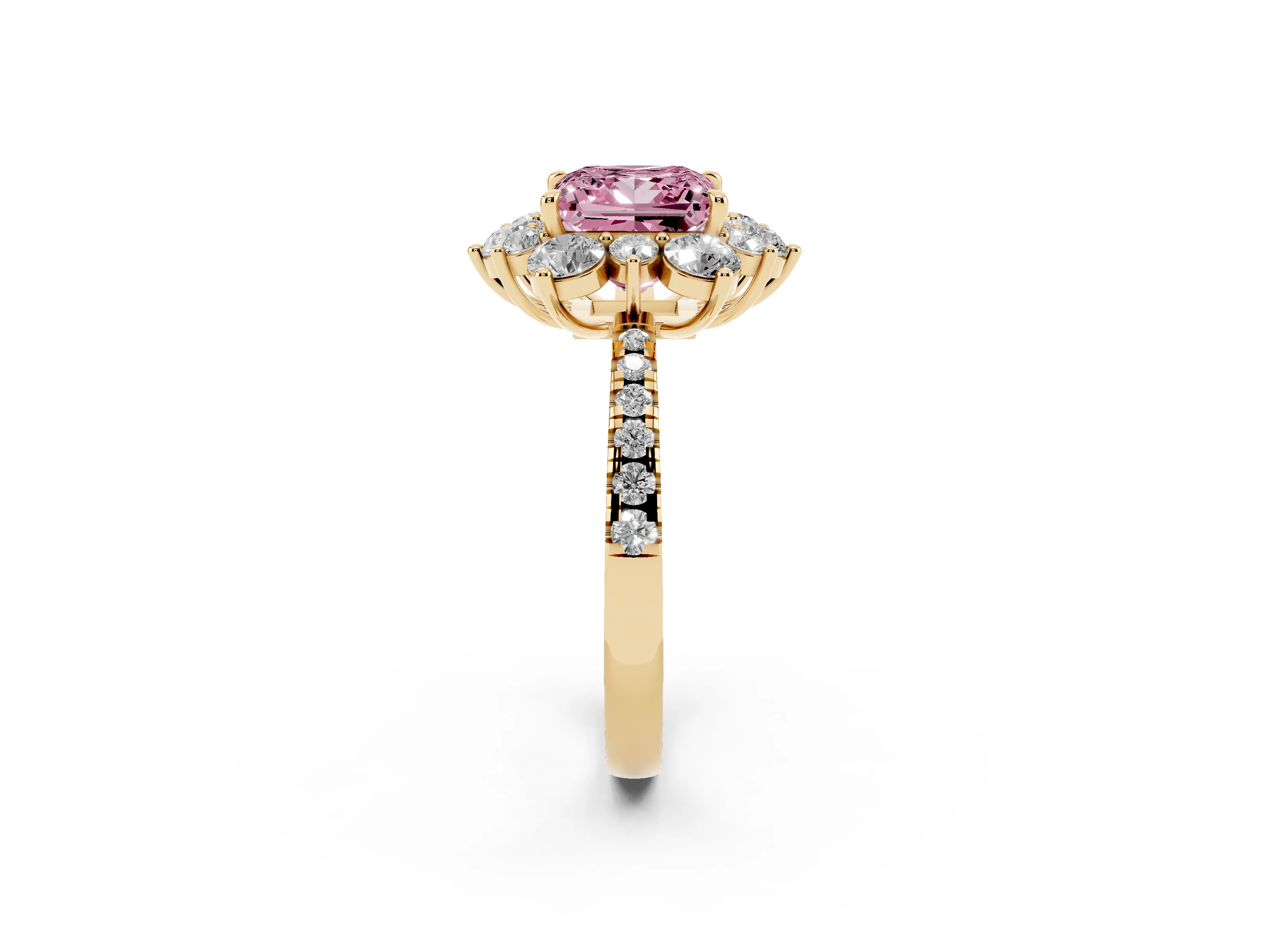 Fancy Pink Princess Cut Diamond Floral Halo Ring Set in Yellow gold with Round Pavé Band and Prong Setting