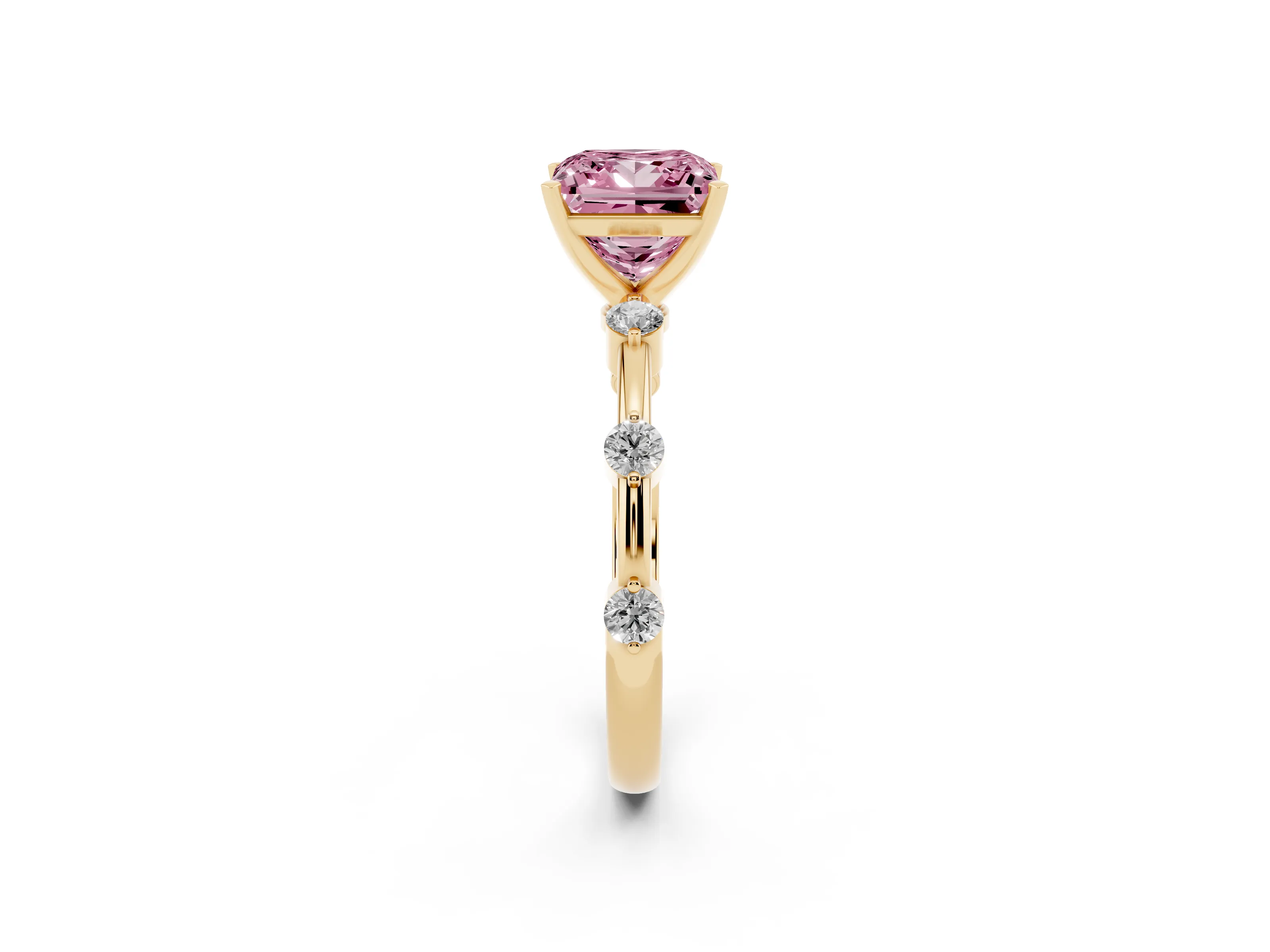 Fancy Pink Princess Cut Diamond Solitaire Ring Set in Yellow gold with Bezel Set Side Stones and Prong Setting