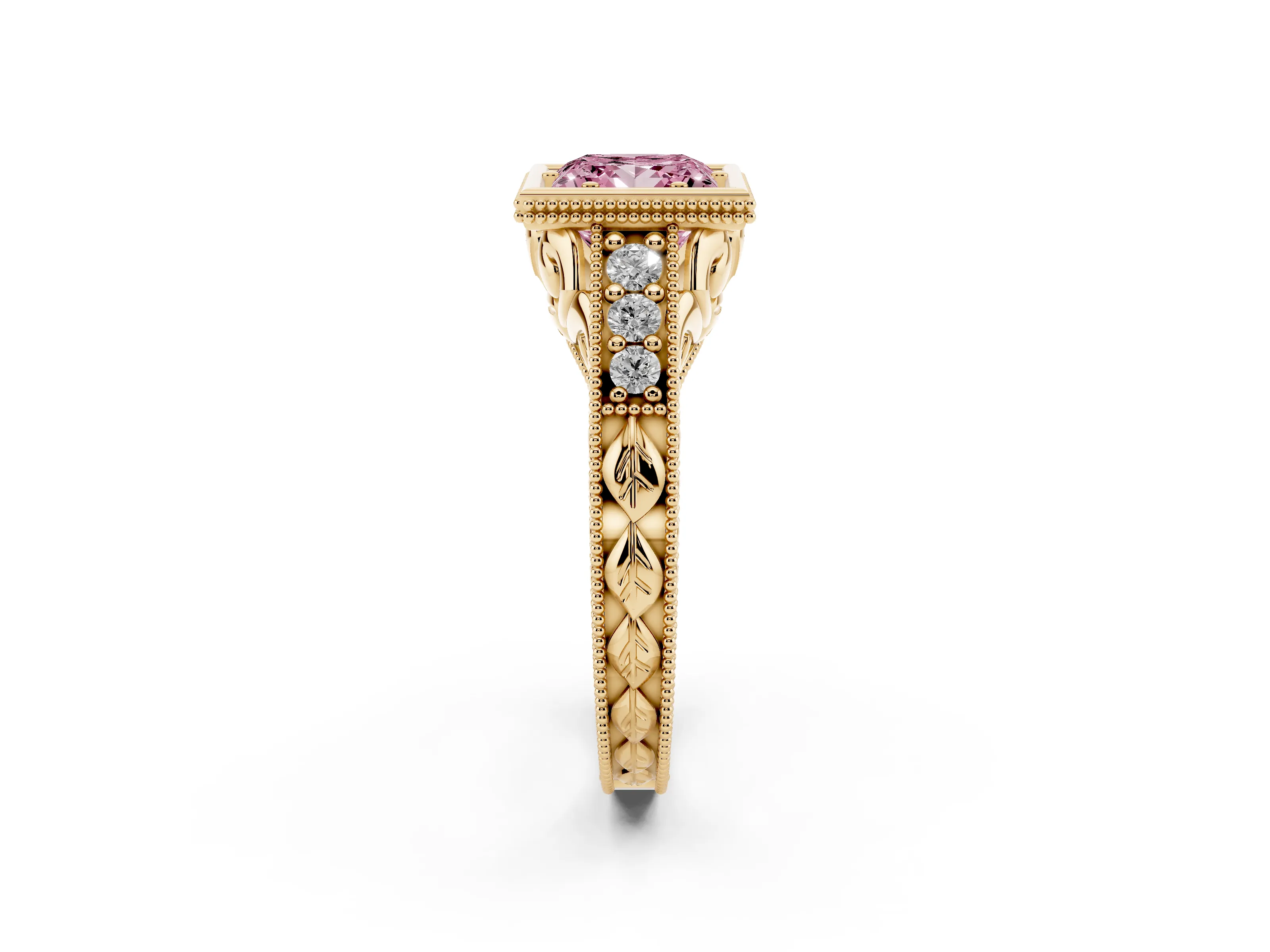 Fancy Pink Bezel Set Princess Cut Diamond Milgrain Pavé Engagement Ring Set in Yellow gold