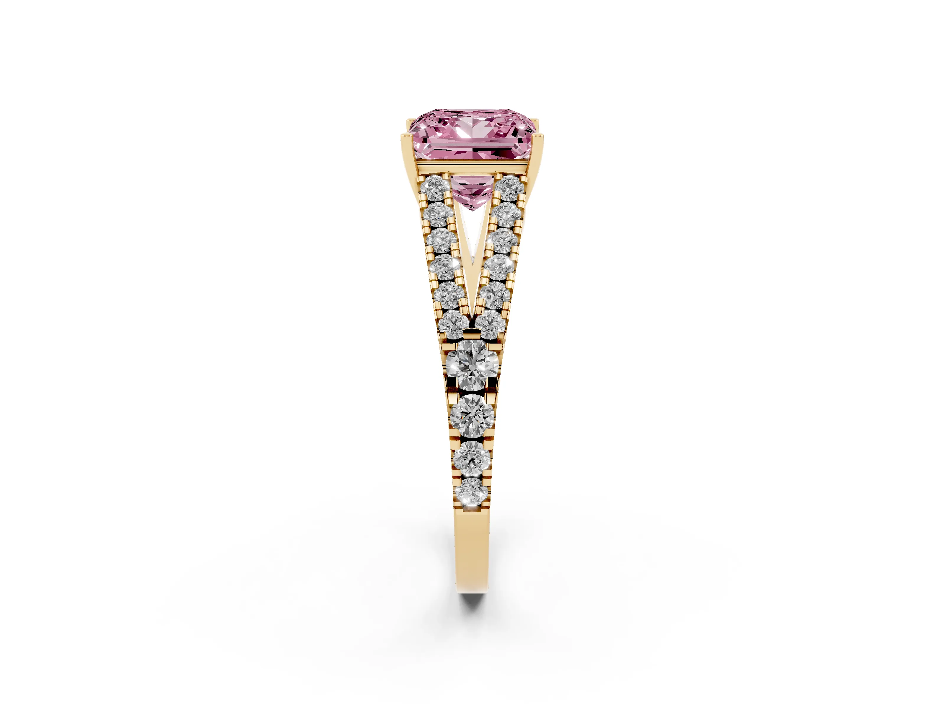 Fancy Pink Princess Cut Diamond Split Shank Pavé Engagement Ring Set in Yellow gold with Prong-Held Center Stone