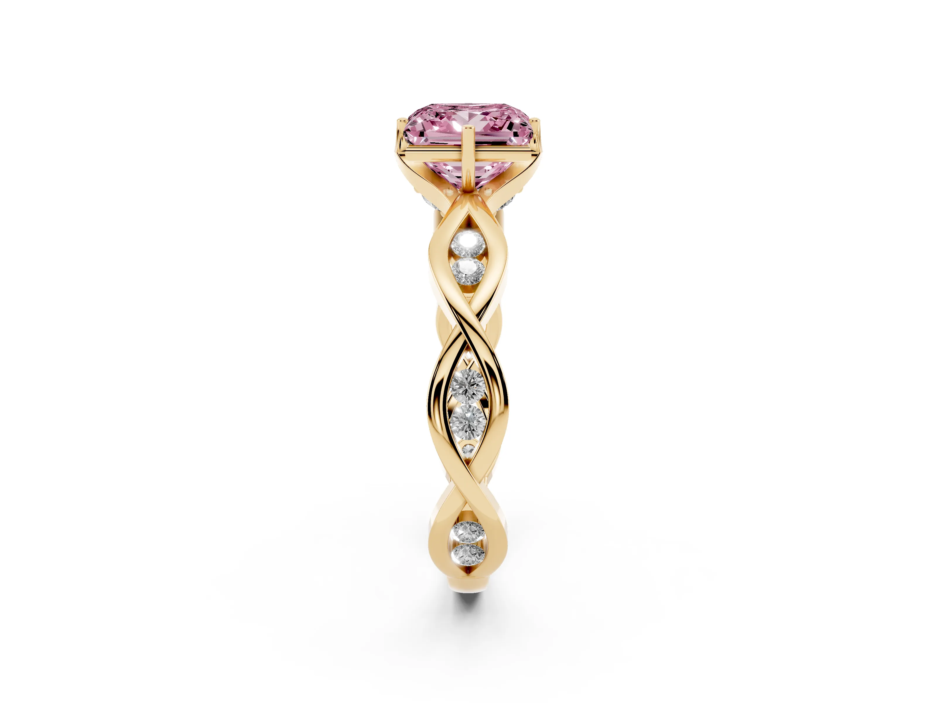 Fancy Pink Princess Cut Diamond Twist Band Solitaire Ring Set in Yellow gold with Leaf Prong Setting and Accent Stones