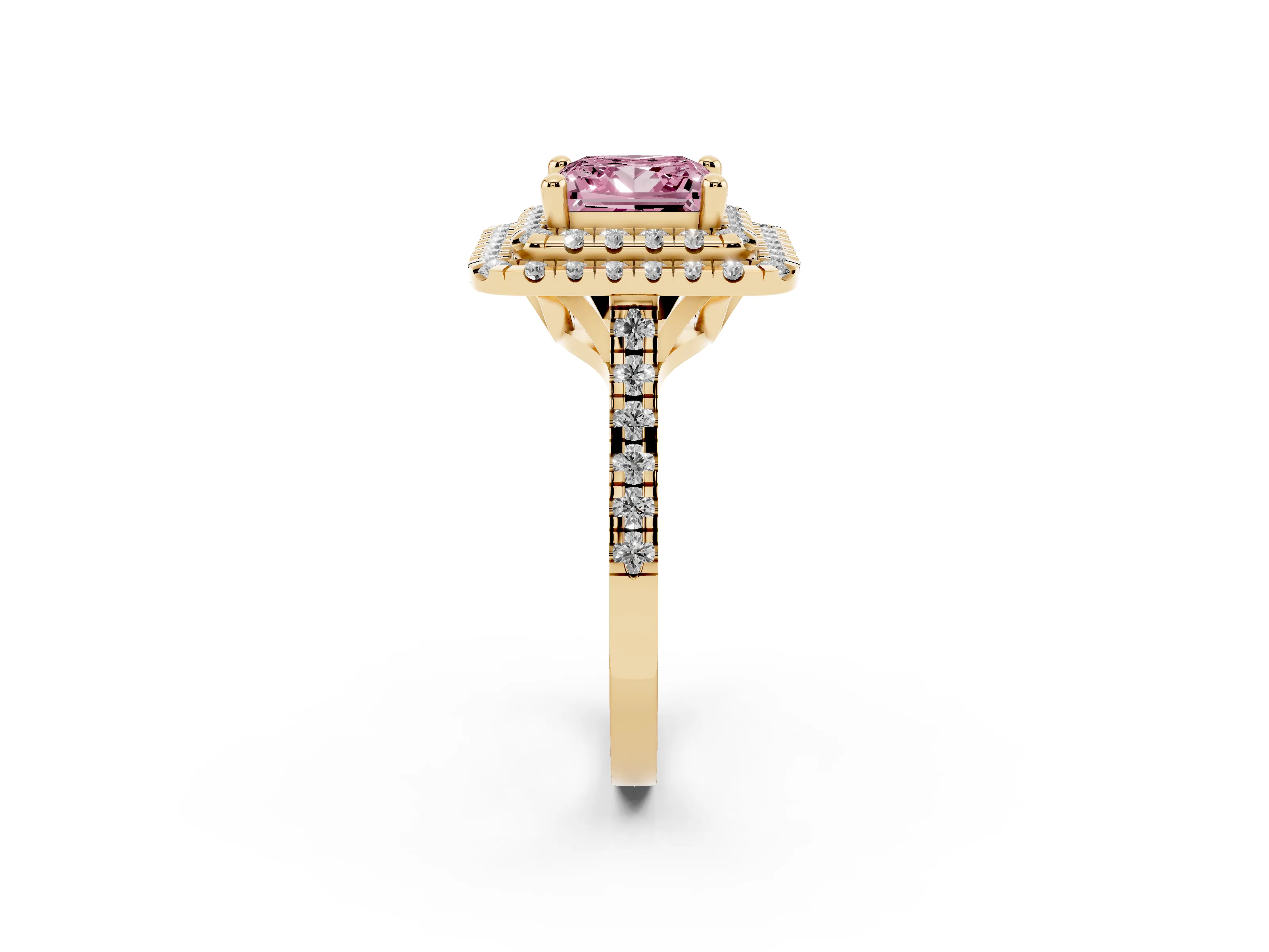Fancy Pink Princess Cut Diamond Double Halo Statement Ring Set in Yellow gold with Pavé Band