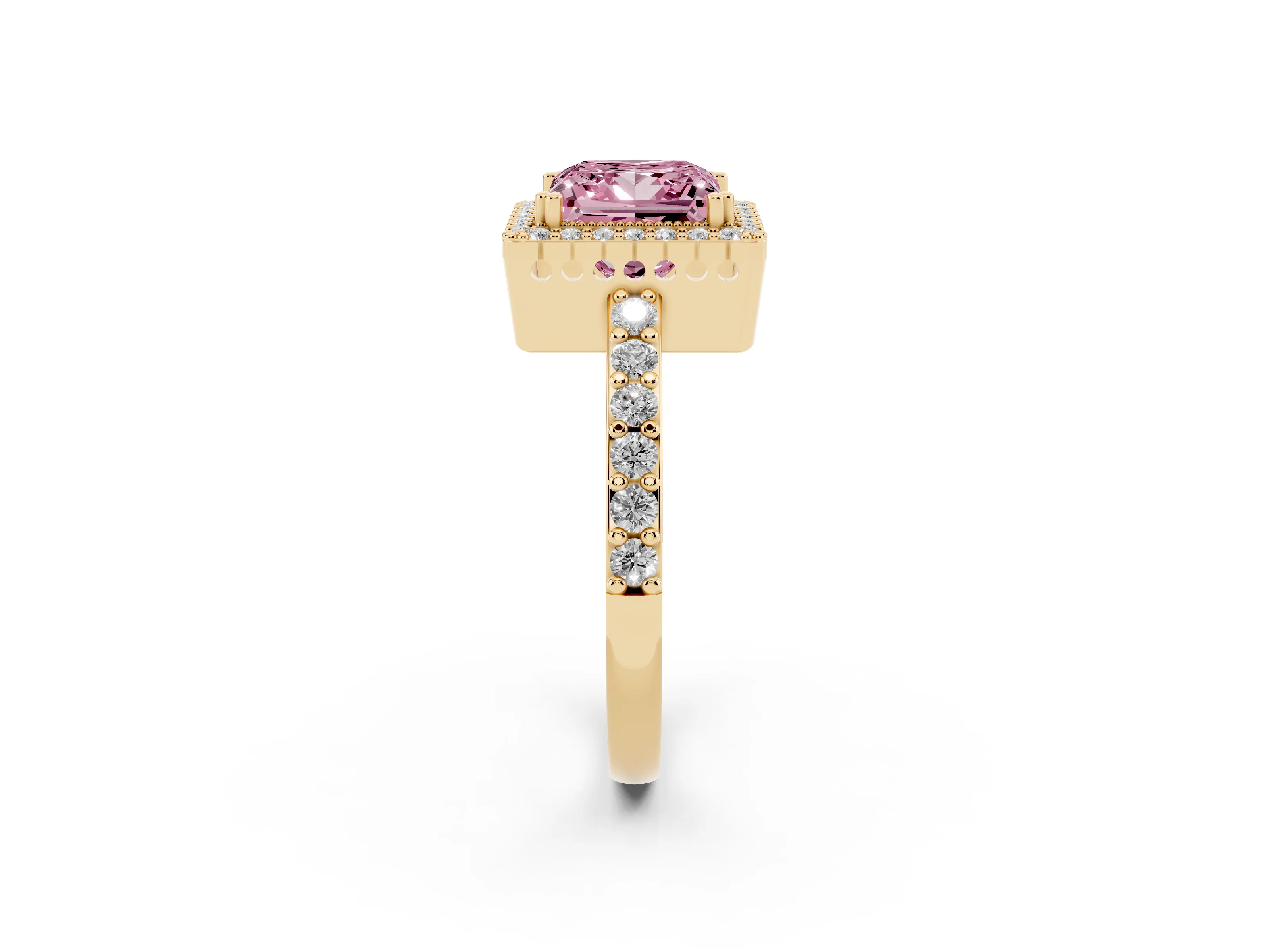 Fancy Pink Princess Cut Diamond Halo Engagement Ring Set in Yellow gold with Milgrain Detail and Pavé Band