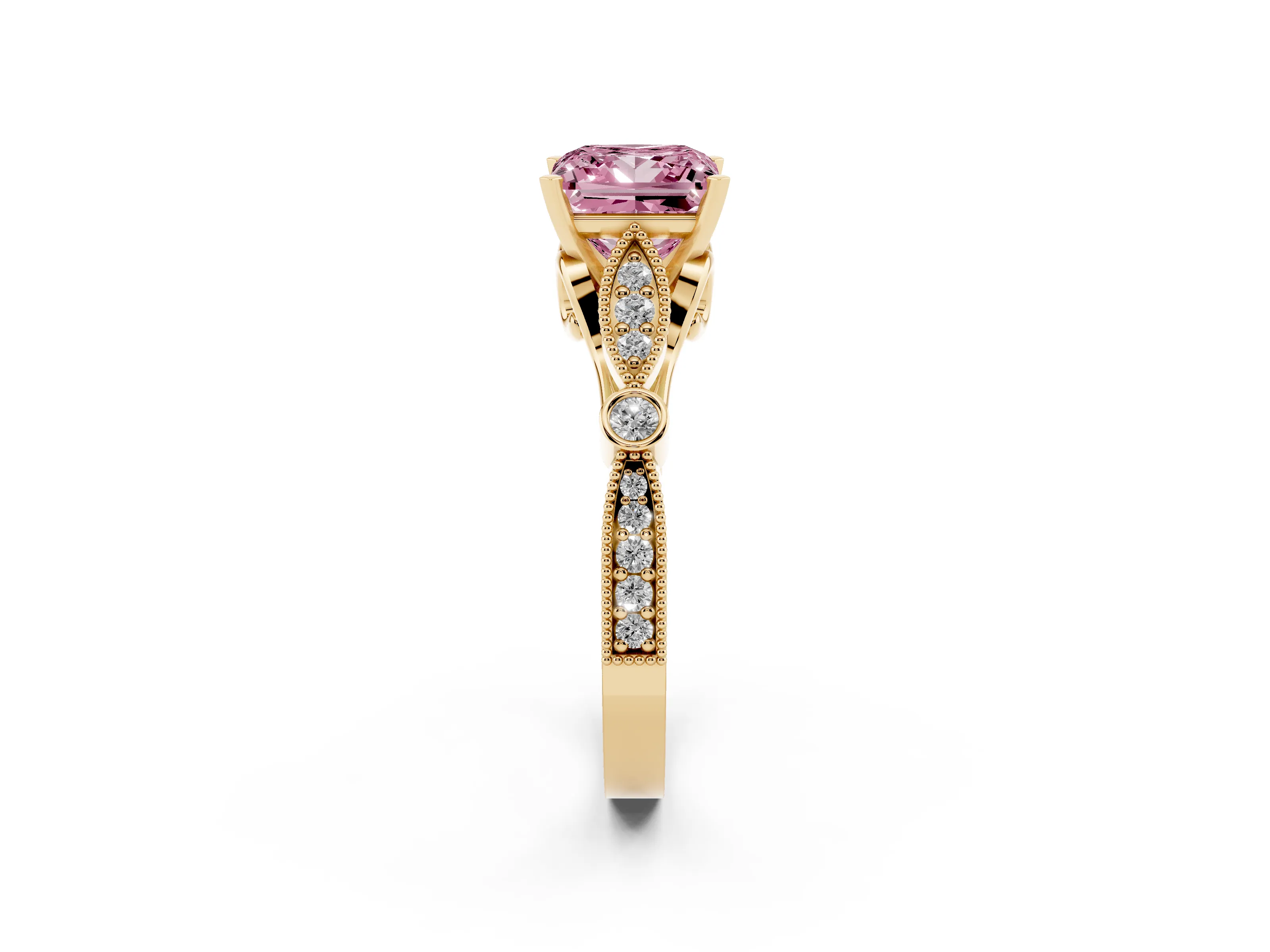 Fancy Pink Princess Cut Diamond Solitaire Ring Set in Yellow gold with Milgrain Marquise and Bezel Accents