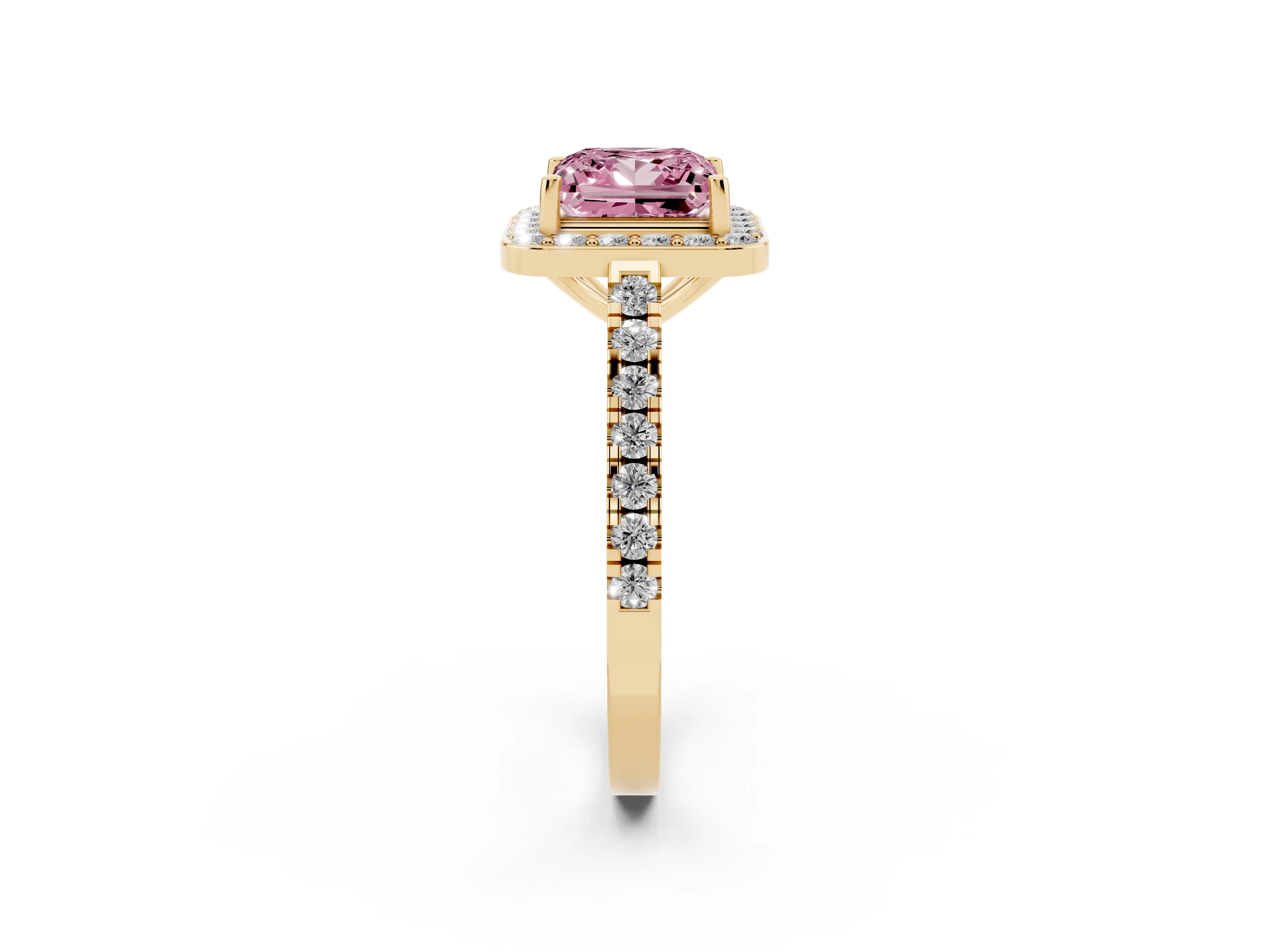 Fancy Pink Princess Cut Diamond Halo Ring Set in Yellow gold with Round Pavé Split Shank and Prong Setting