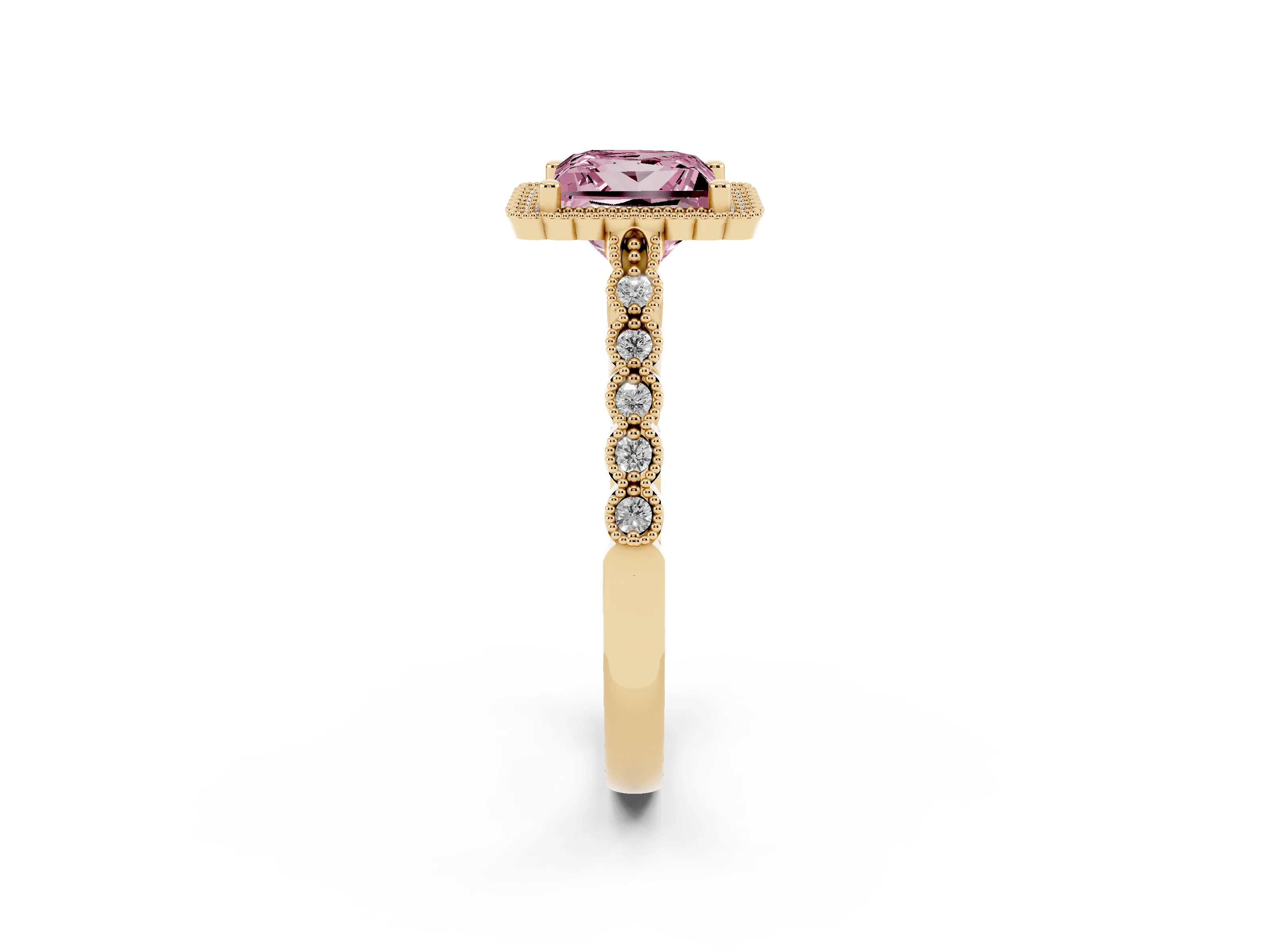 Fancy Pink Princess Cut Diamond Halo Ring Set in Yellow gold with Pavé Milgrain Band