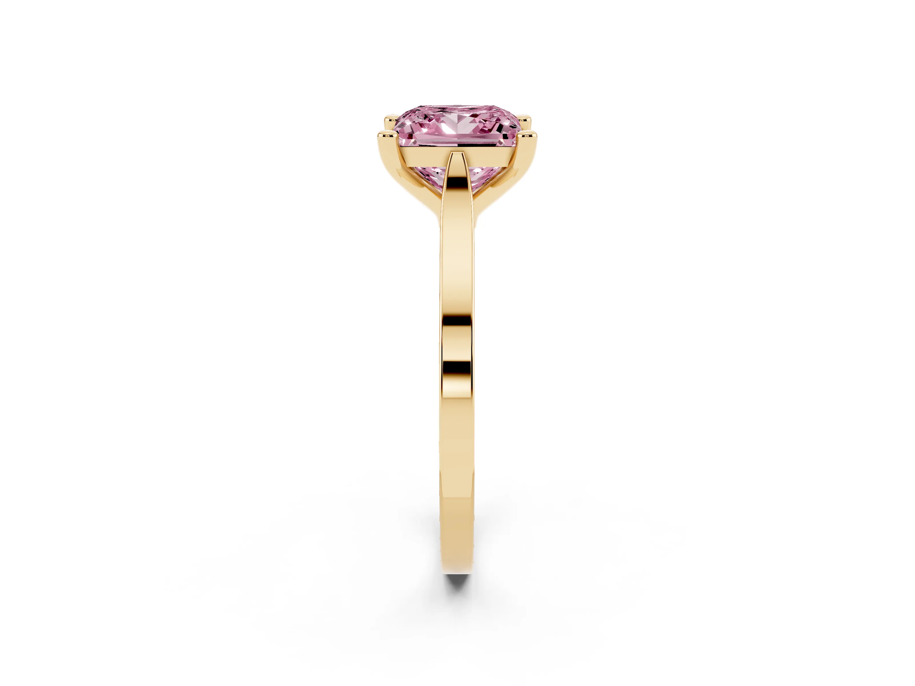 Fancy Pink Princess Cut Diamond Solitaire Ring Set in Yellow gold with Prong Setting and Tapered Band