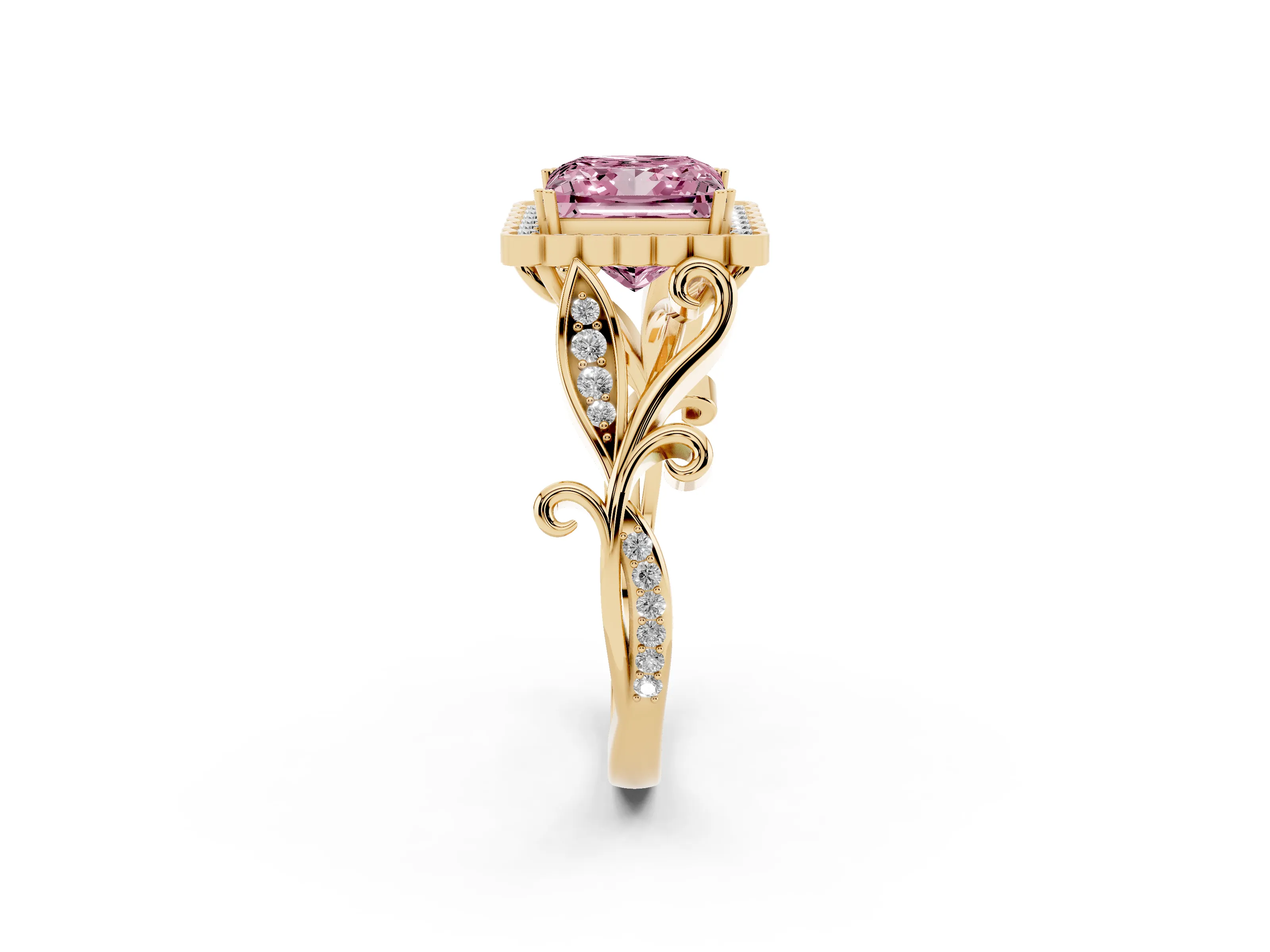 Fancy Pink Princess Cut Diamond Halo Ring Set in Yellow gold with Leaf Motif Split Shank and Prong Setting