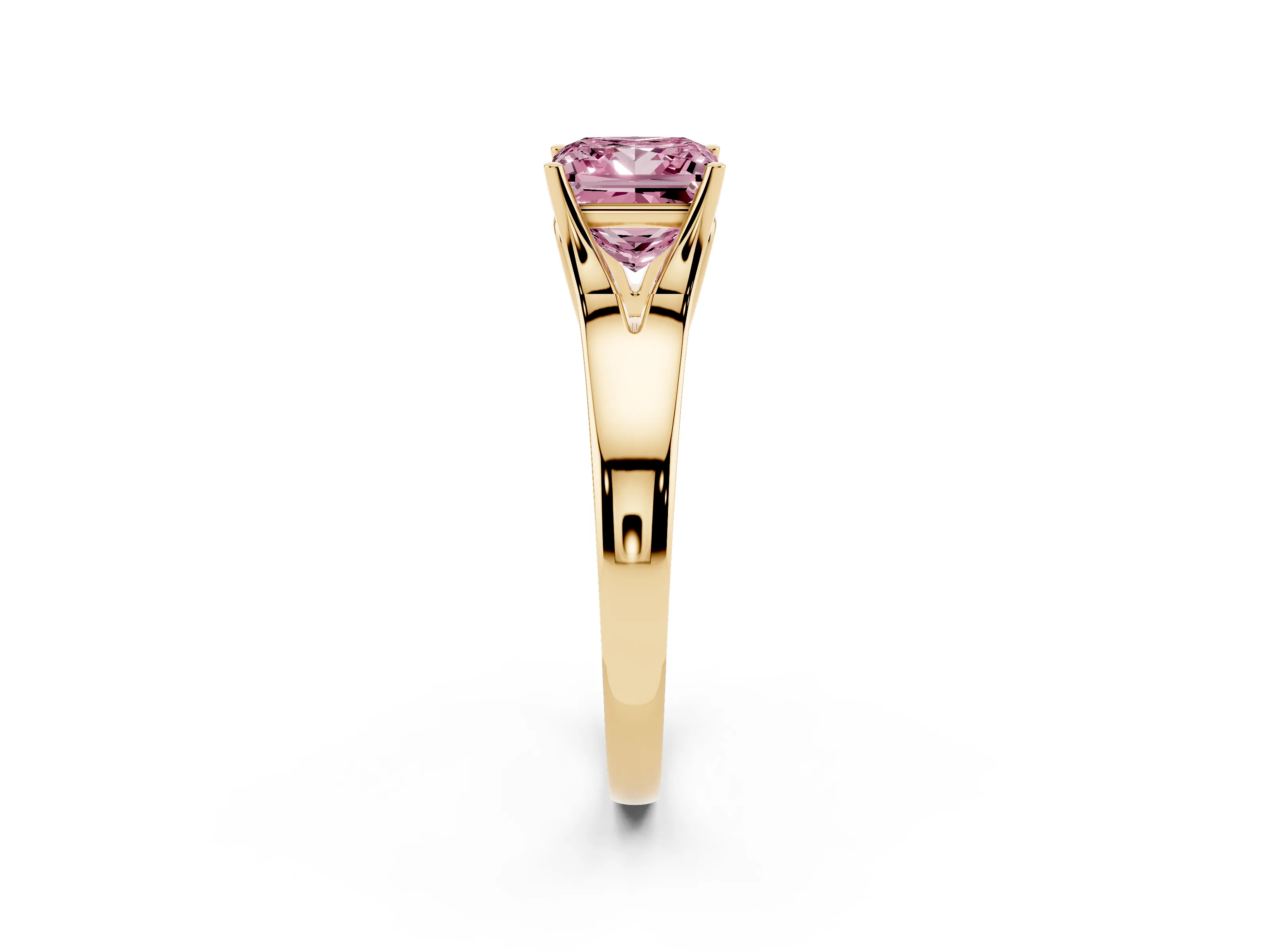 Fancy Pink Princess Cut Diamond Solitaire Ring Set in Yellow gold with Arched Cathedral Band and Prong Setting