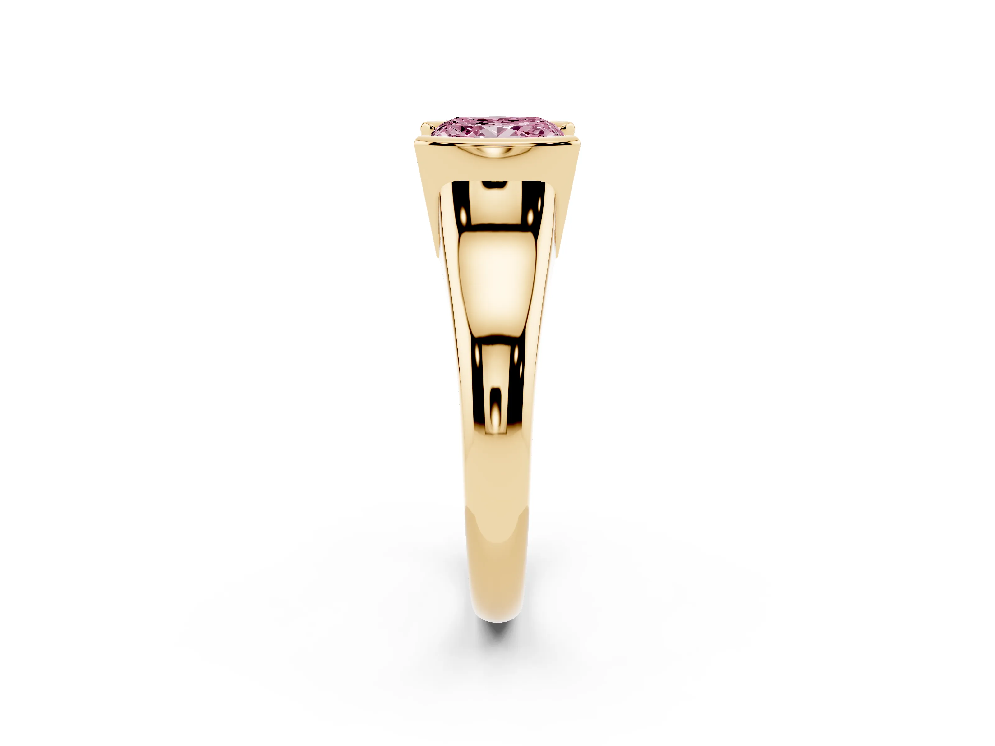Fancy Pink Princess Cut Diamond Solitaire Tension Set Ring Set in Yellow gold with Split Shank Band