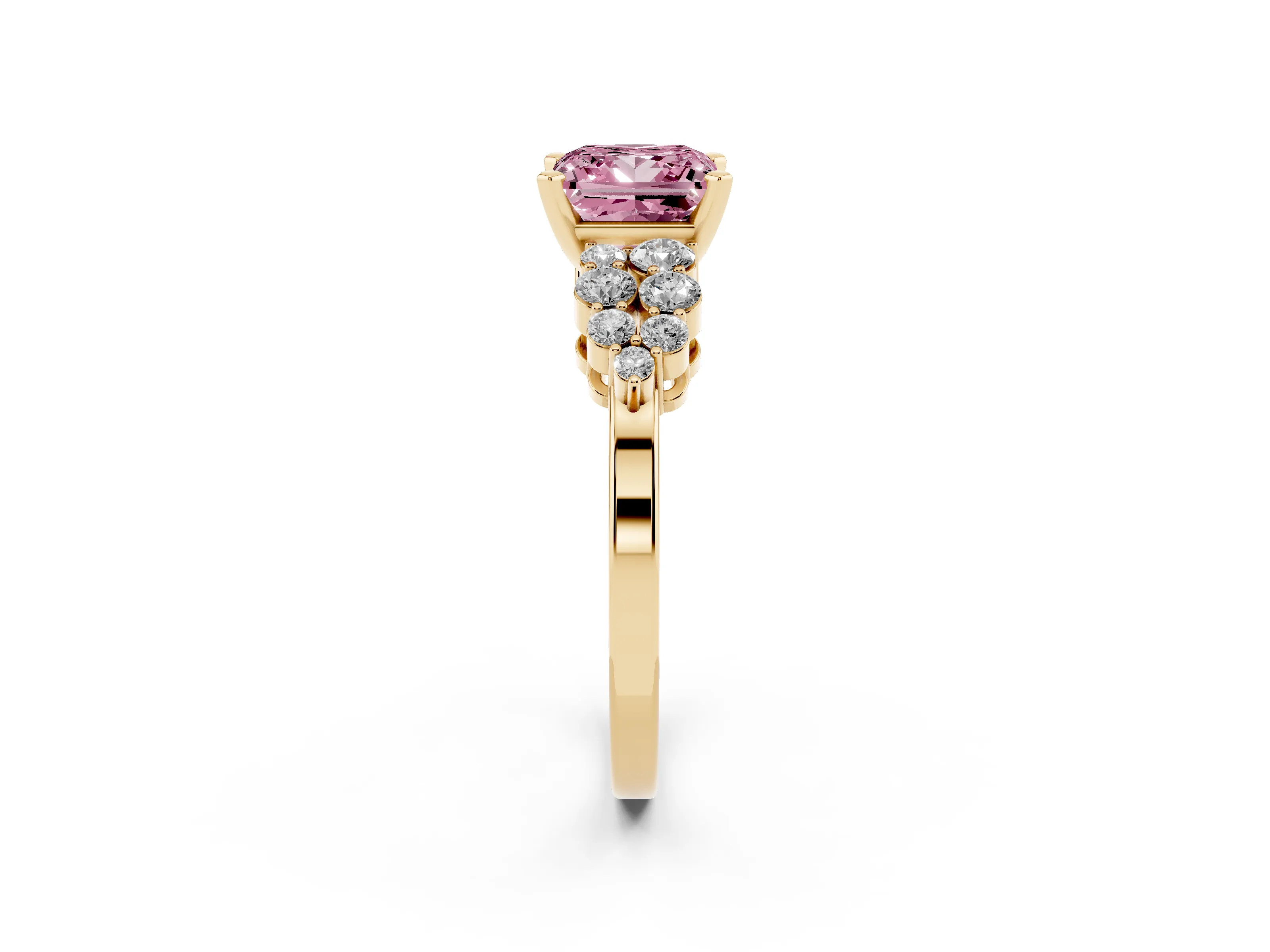 Fancy Pink Princess Cut Diamond Cluster Engagement Ring Set in Yellow gold with Pavé Band and Prong Setting