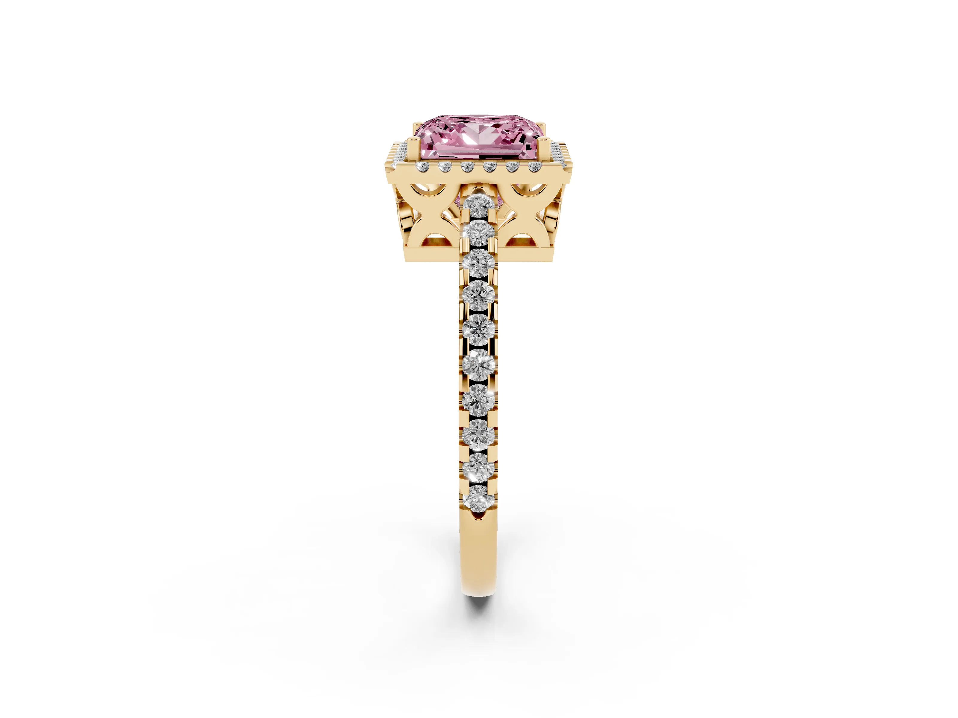 Fancy Pink Princess Cut Diamond Halo Ring Set in Yellow gold with Pavé Shoulders and Halo-Framed Center