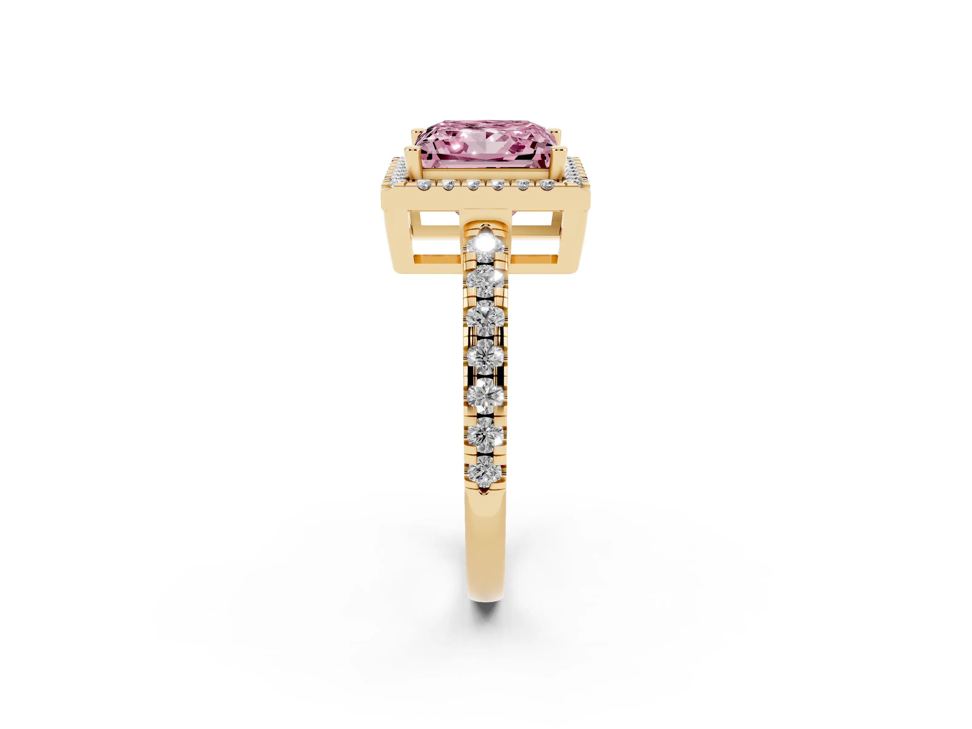 Fancy Pink Princess Cut Diamond Halo Ring Set in Yellow gold with Delicate Pavé Band and Prong Setting