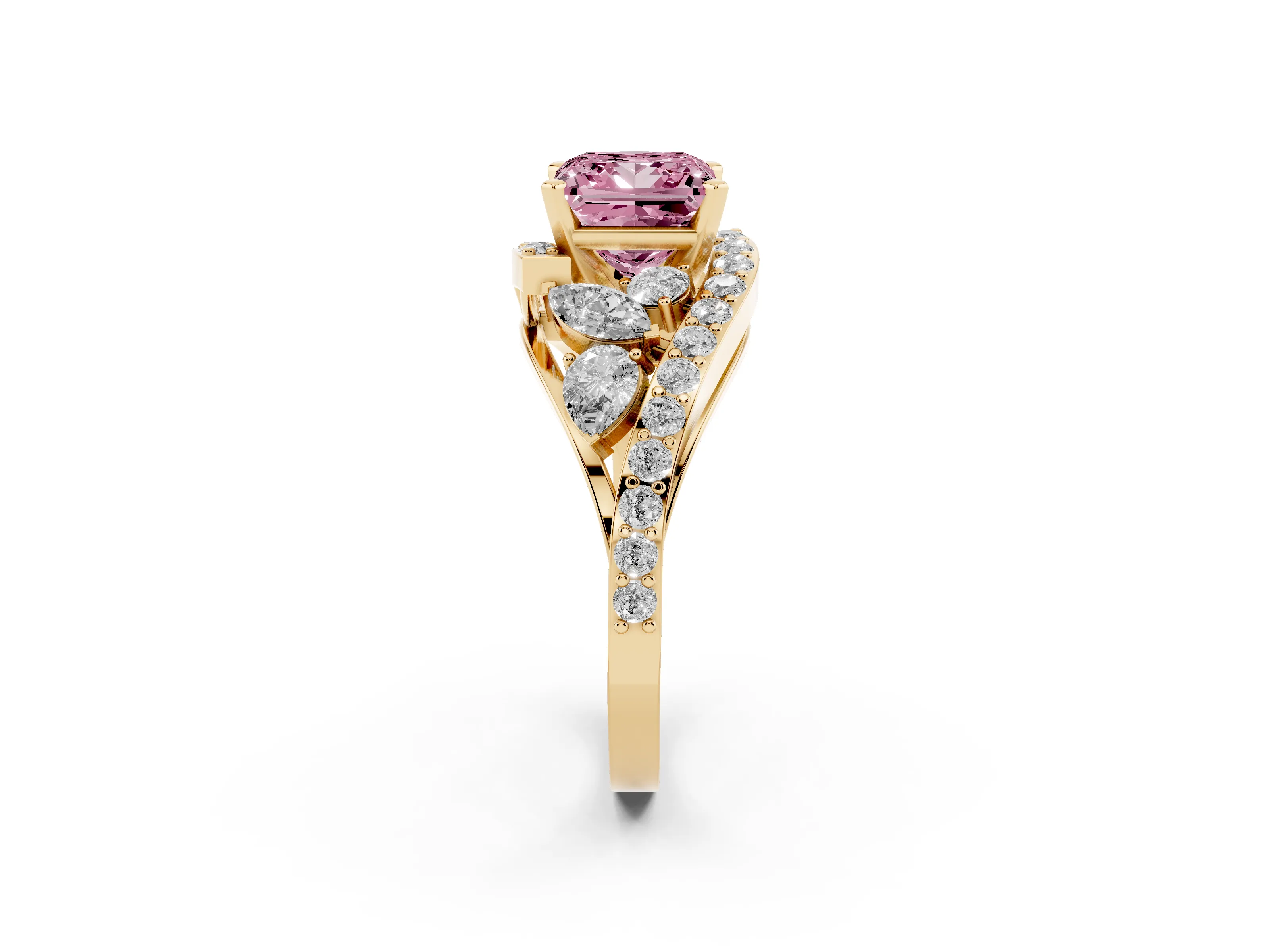 Fancy Pink Princess Cut Diamond Halo Ring Set in Yellow gold with Marquise and Pavé Band in Prong Setting
