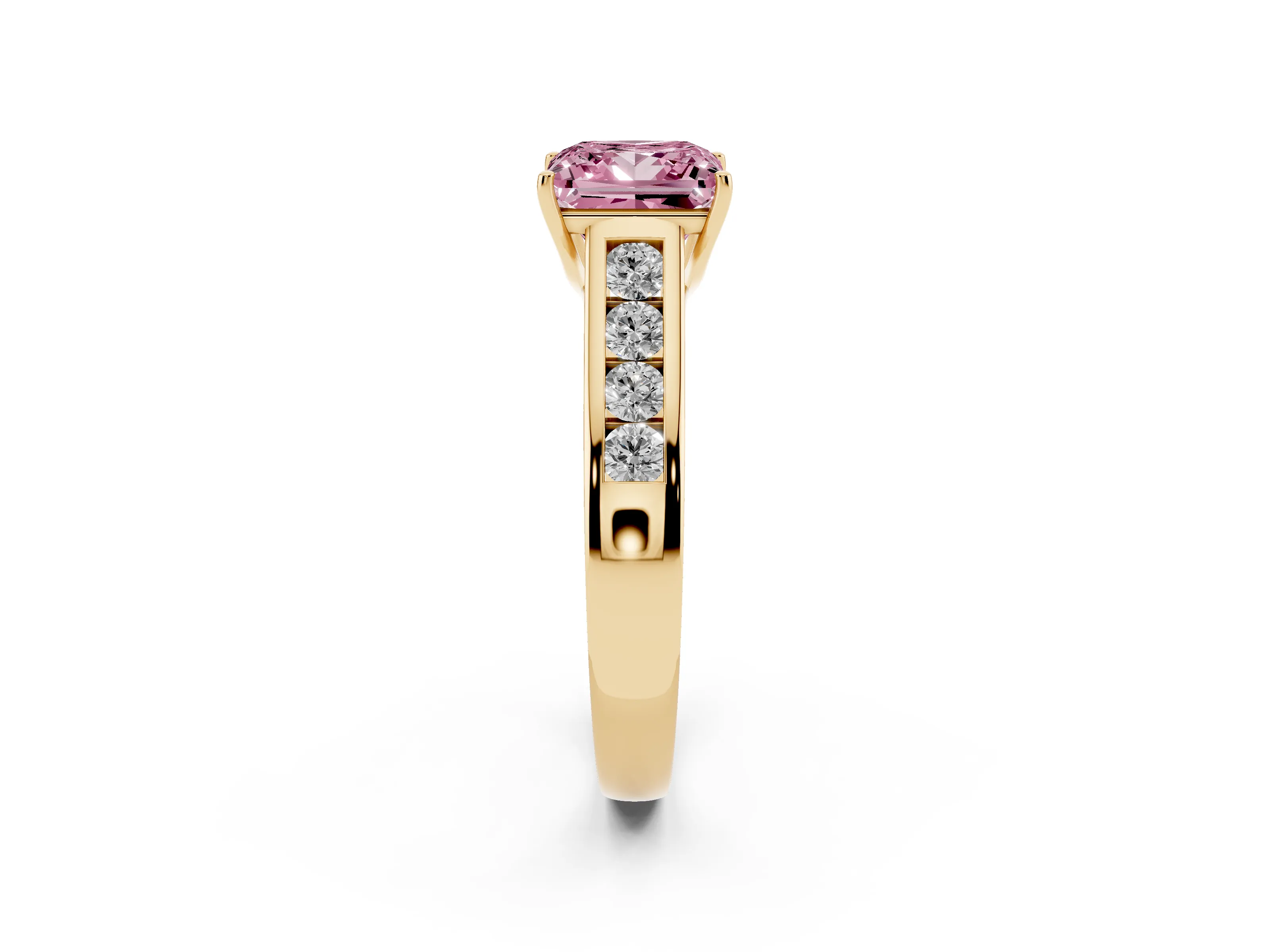 Fancy Pink Princess Cut Diamond Solitaire Channel-Set Engagement Ring Set in Yellow gold with Prong Setting