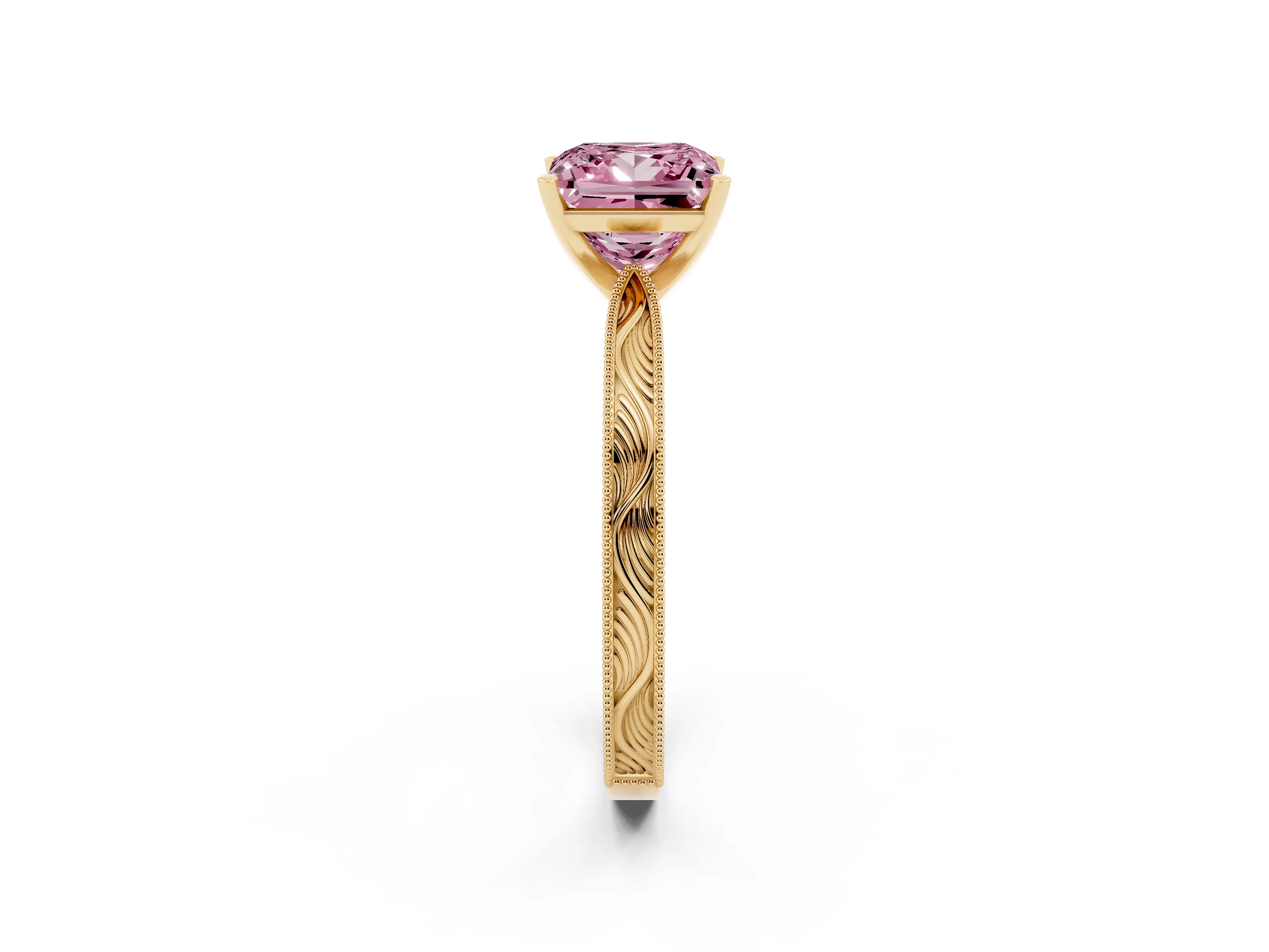 Fancy Pink Princess Cut Diamond Solitaire Milgrain Engraved Band Set in Yellow gold with Prong Setting