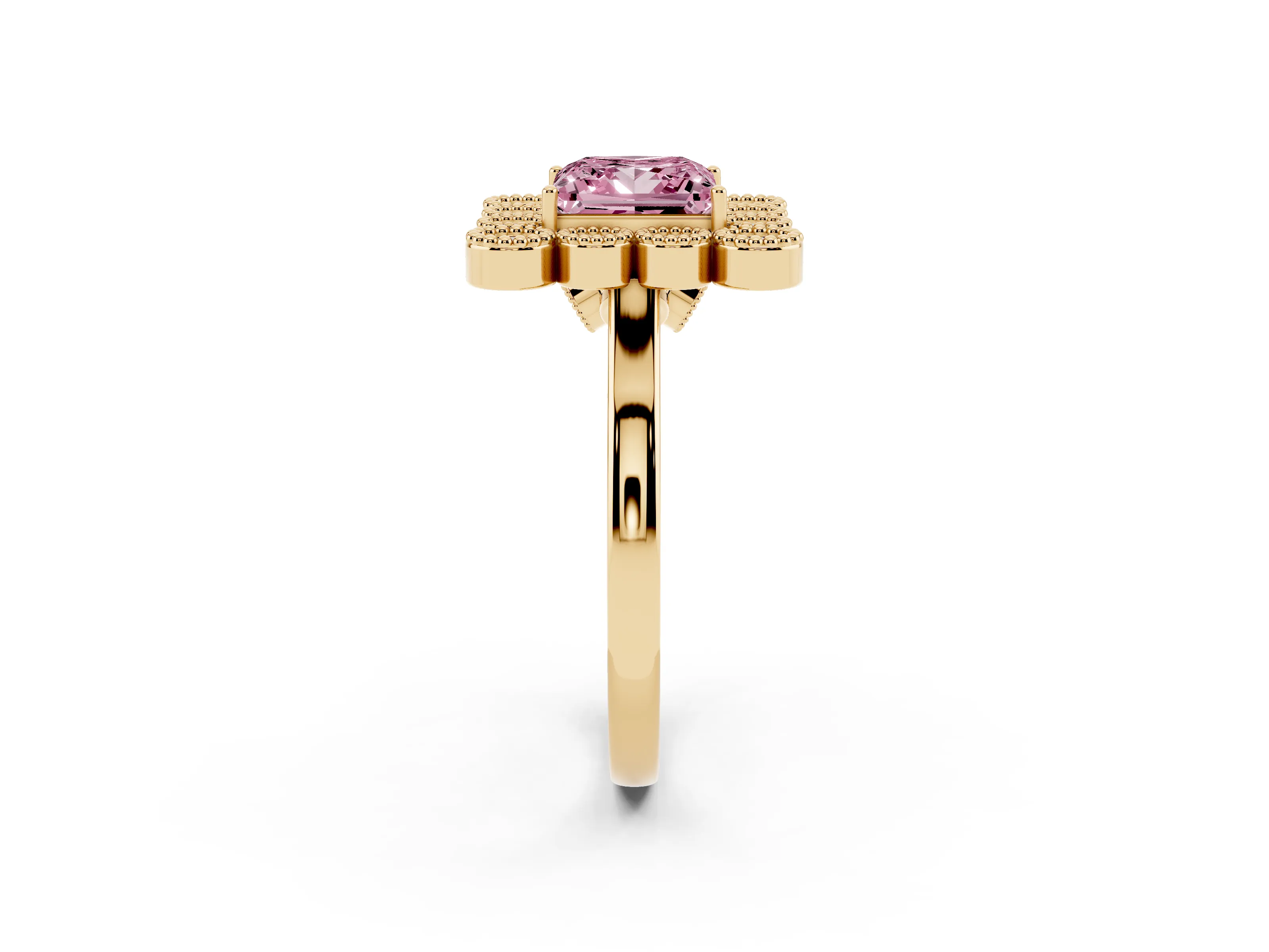 Fancy Pink Princess Cut Diamond Cluster Halo Ring Set in Yellow gold with Milgrain Bezel Accents and Plain Band