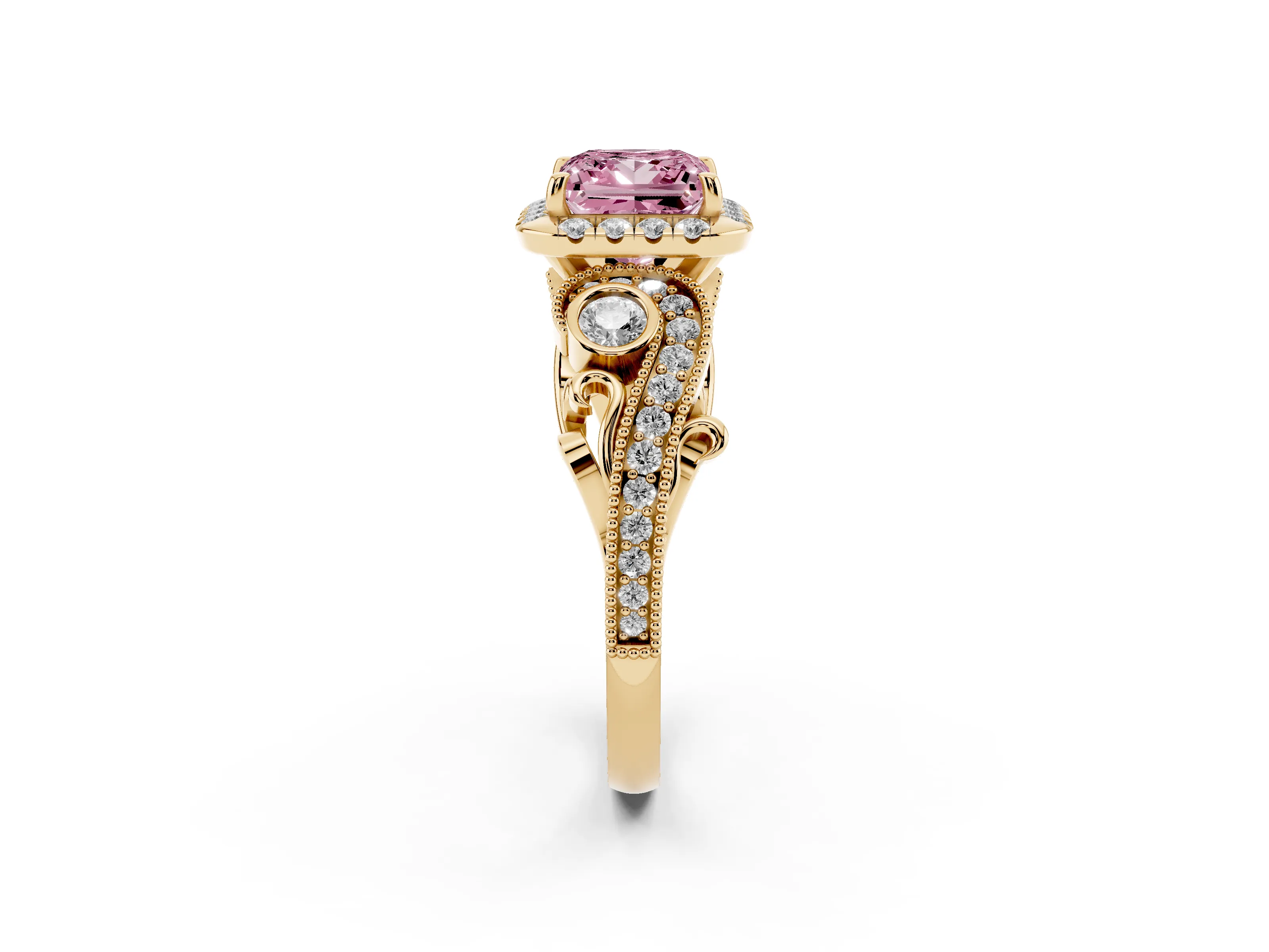 Fancy Pink Princess Cut Diamond Halo Ring Set in Yellow gold with Milgrain Pavé Band and Prong Setting