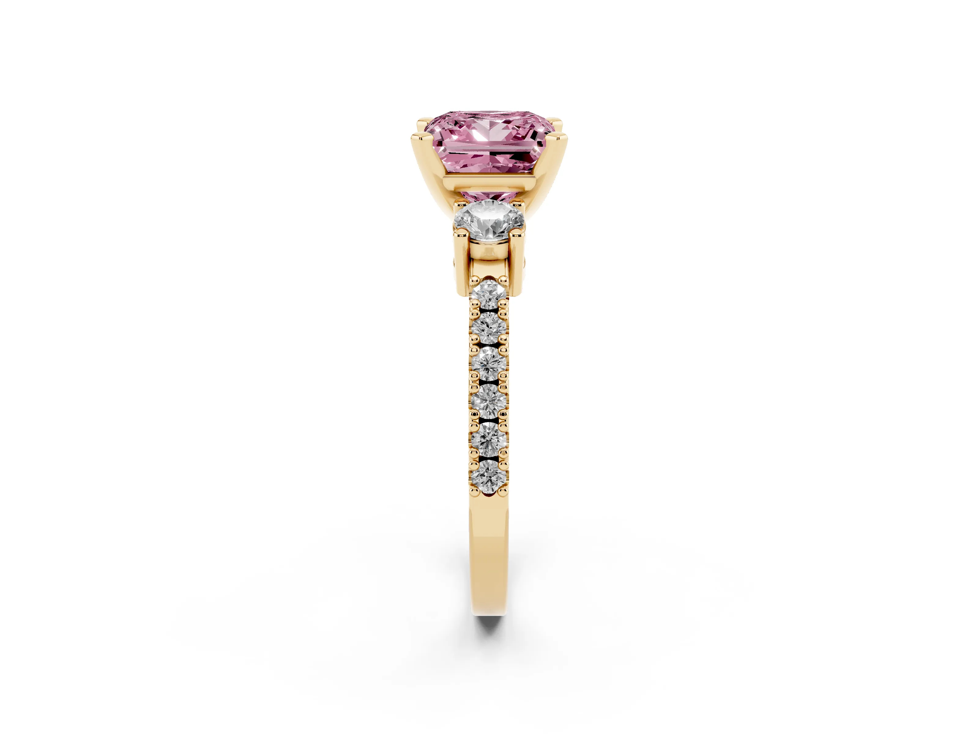 Fancy Pink Three-Stone Princess Cut Diamond Pavé Band Ring Set in Yellow gold with Prong Setting