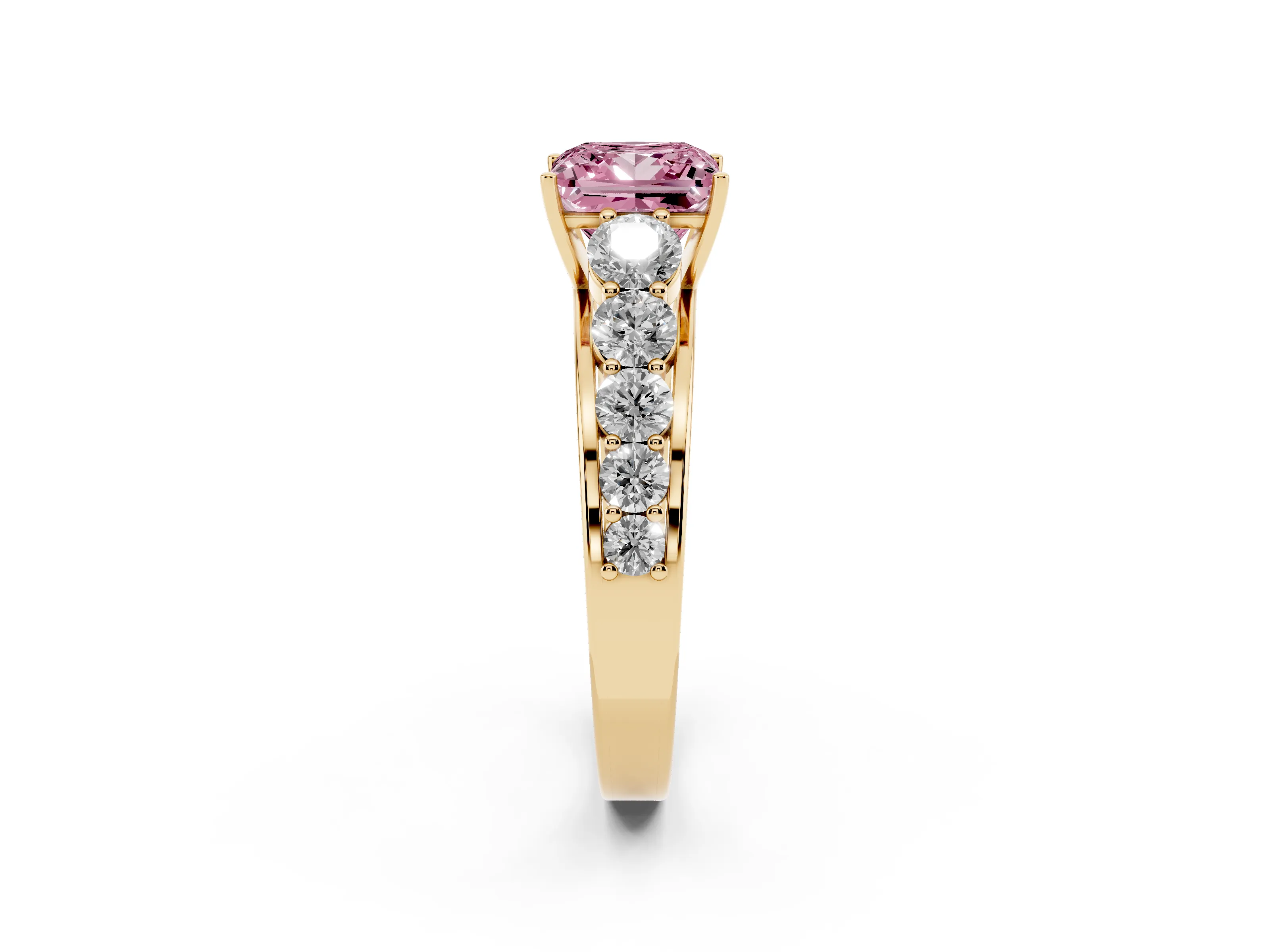 Fancy Pink Princess Cut Diamond Solitaire Ring Set in Yellow gold with Pavé-Set Band and Prong Setting