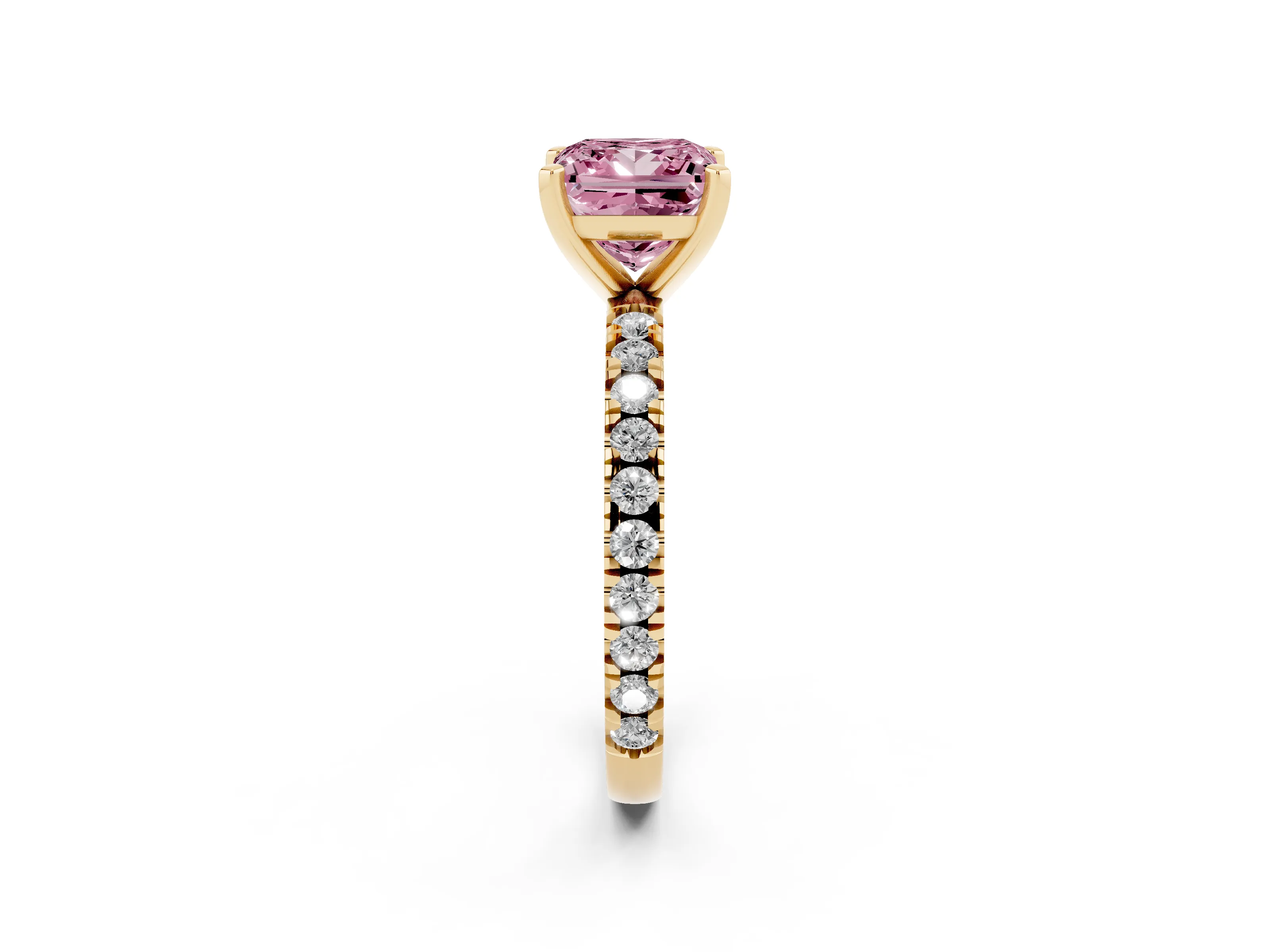 Fancy Pink Princess Cut Diamond Pavé Band Solitaire Set in Yellow gold with Prong Setting