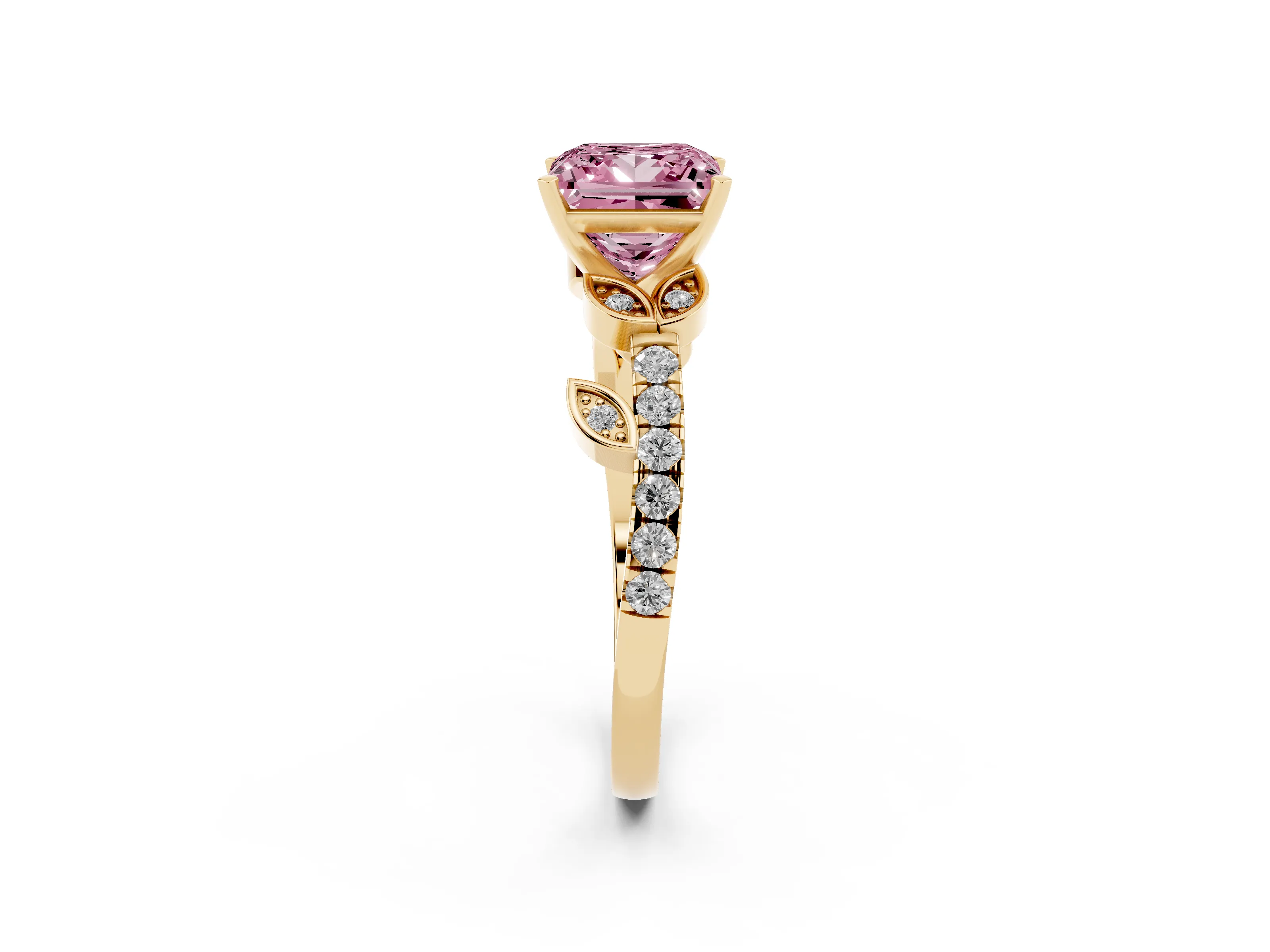 Fancy Pink Princess Cut Diamond Solitaire Leaf-Inspired Ring Set in Yellow gold with Pavé Band and Prong Setting