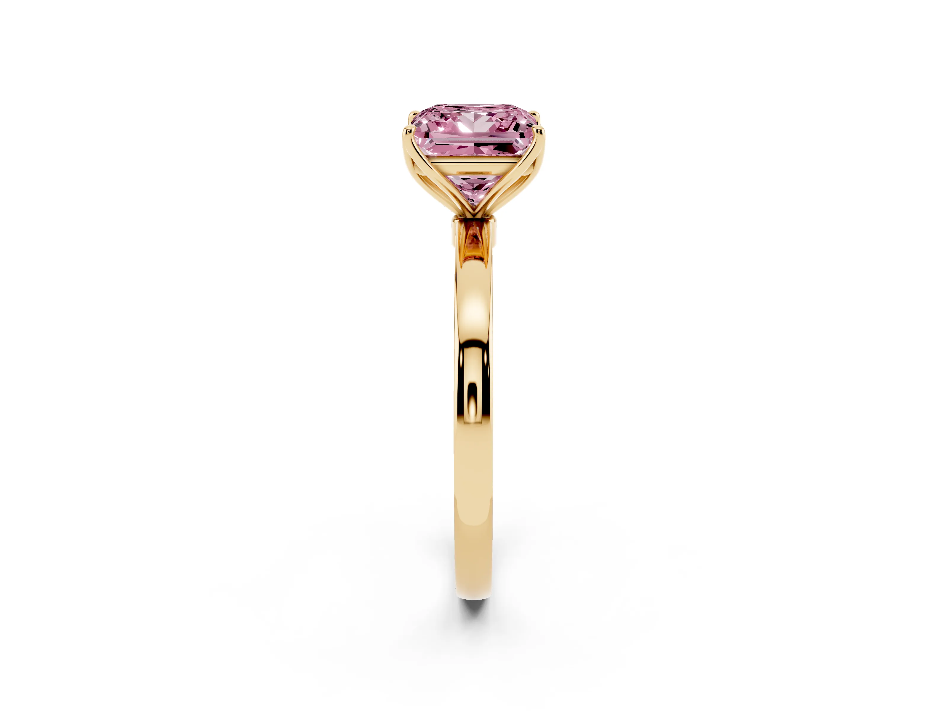 Fancy Pink Princess Cut Diamond Solitaire Ring Set in Yellow gold with Prong Setting and Thin Polished Band