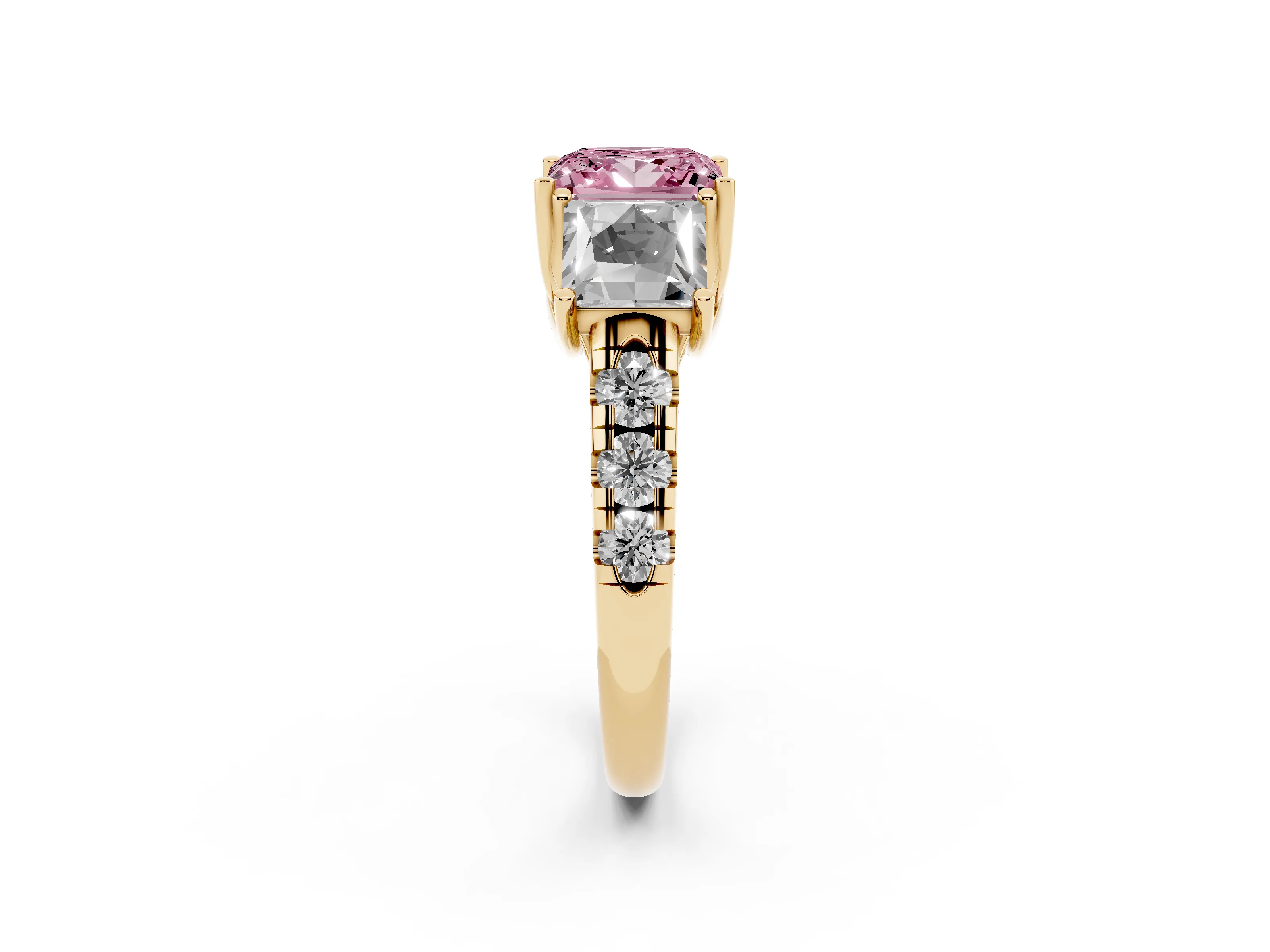 Fancy Pink Princess Cut Diamond Three-Stone Ring Set in Yellow gold with Pavé Band