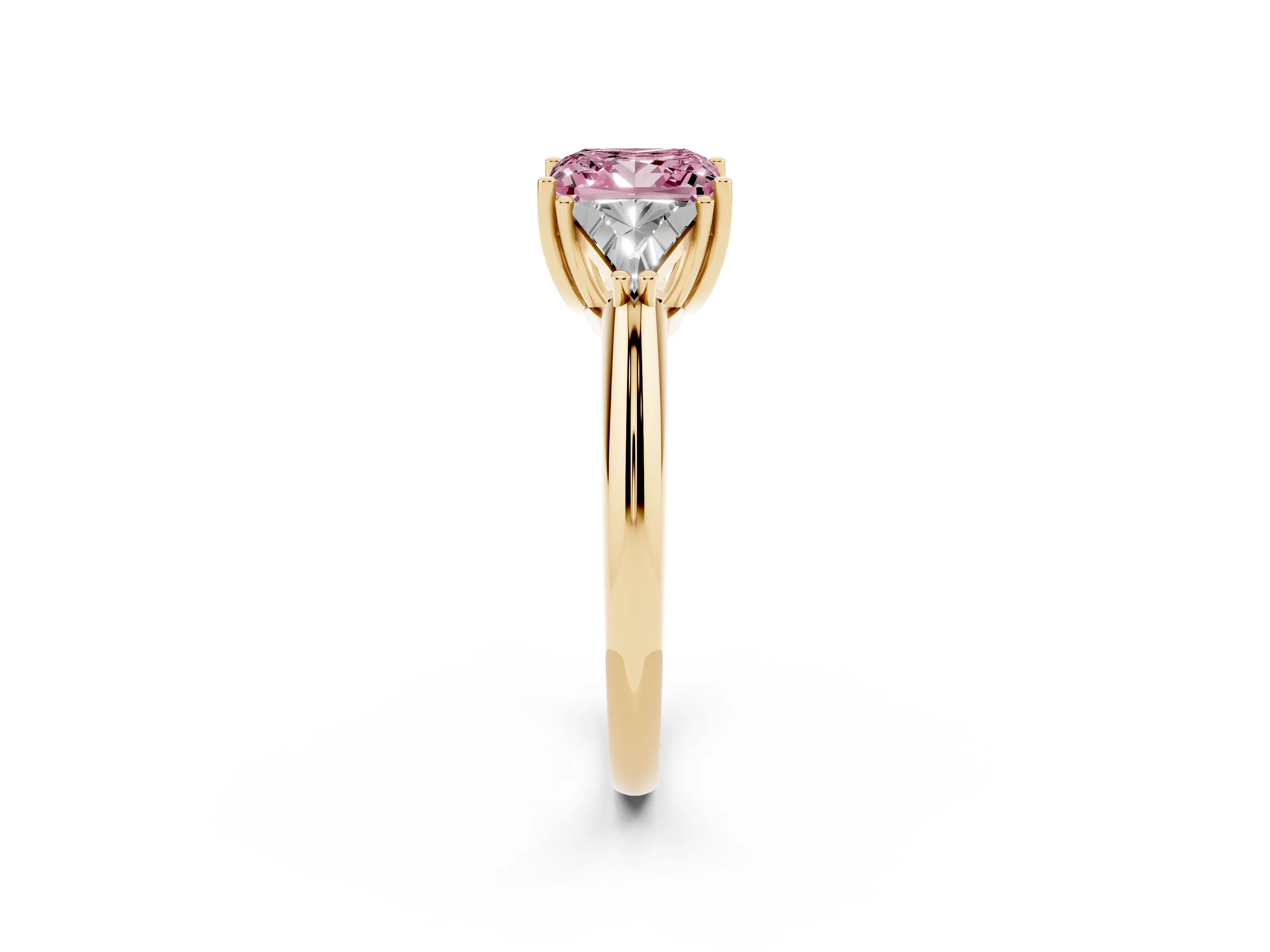 Fancy Pink Princess Cut Diamond Three-Stone Engagement Ring Set in Yellow gold with Trillion Side Stones