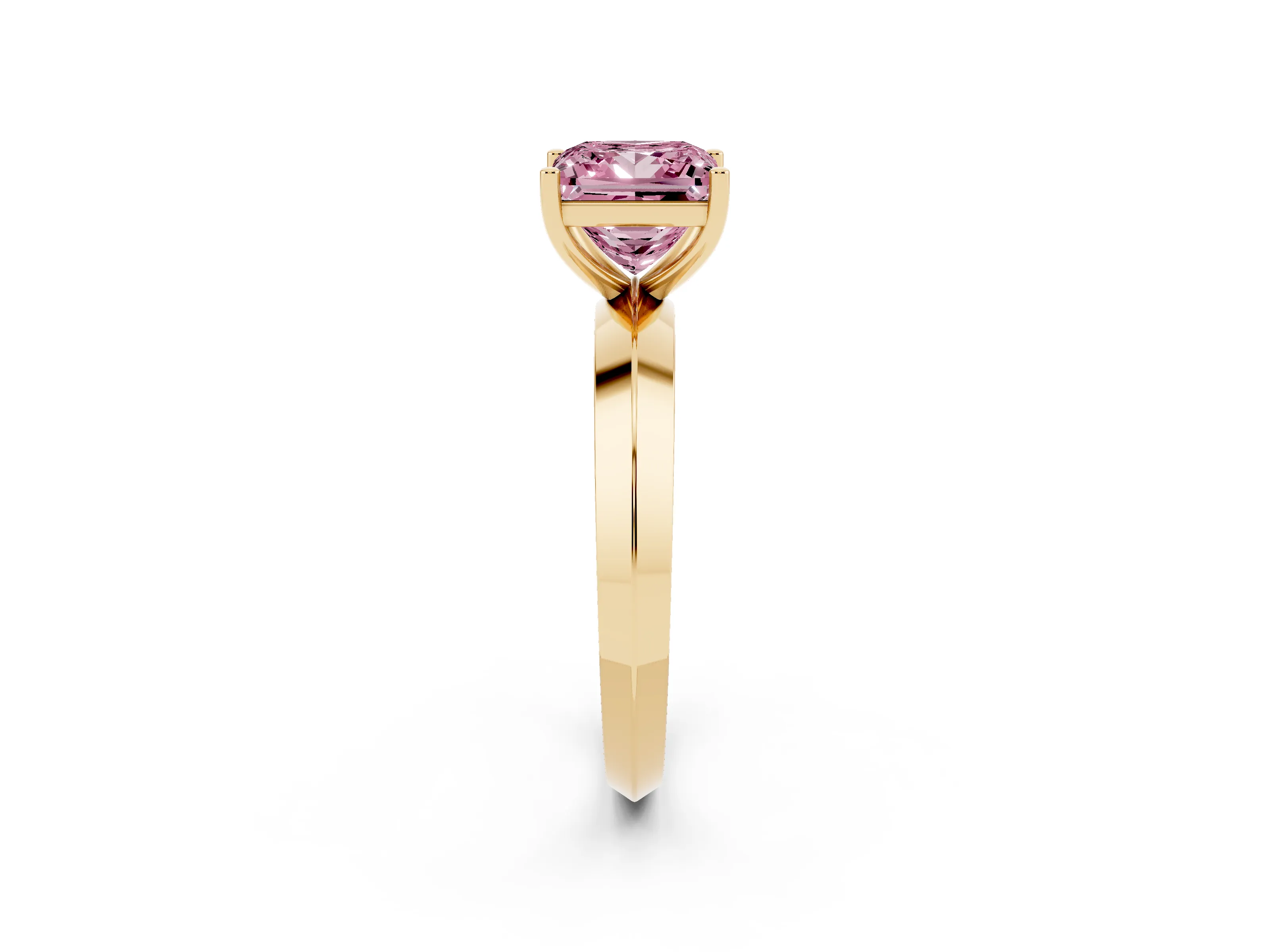Fancy Pink Princess Cut Diamond Solitaire Engagement Ring Set in Yellow gold with Flat Band and Prong Setting