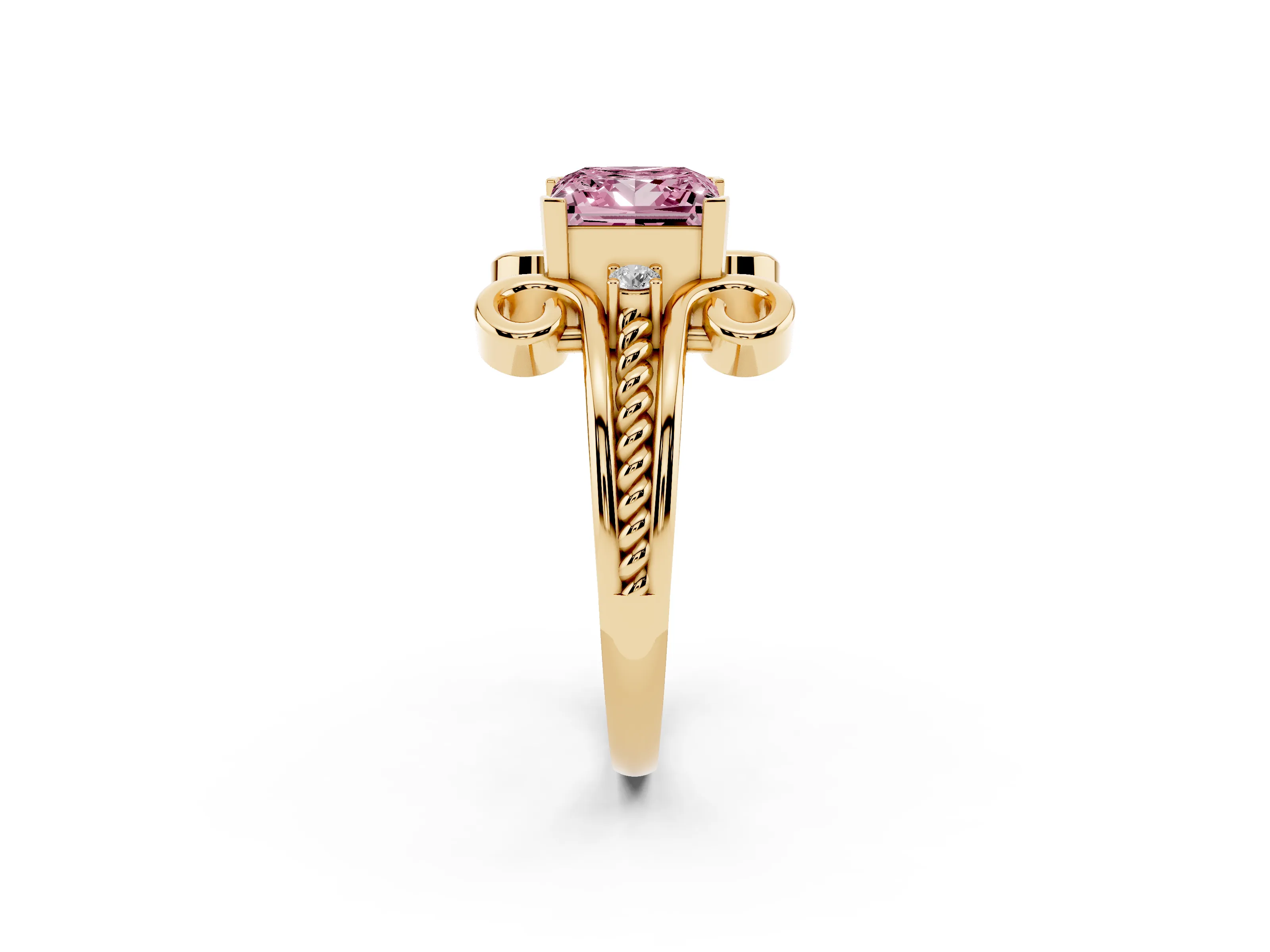 Fancy Pink Princess Cut Diamond Twisted Band Solitaire Ring Set in Yellow gold with Scroll Prongs