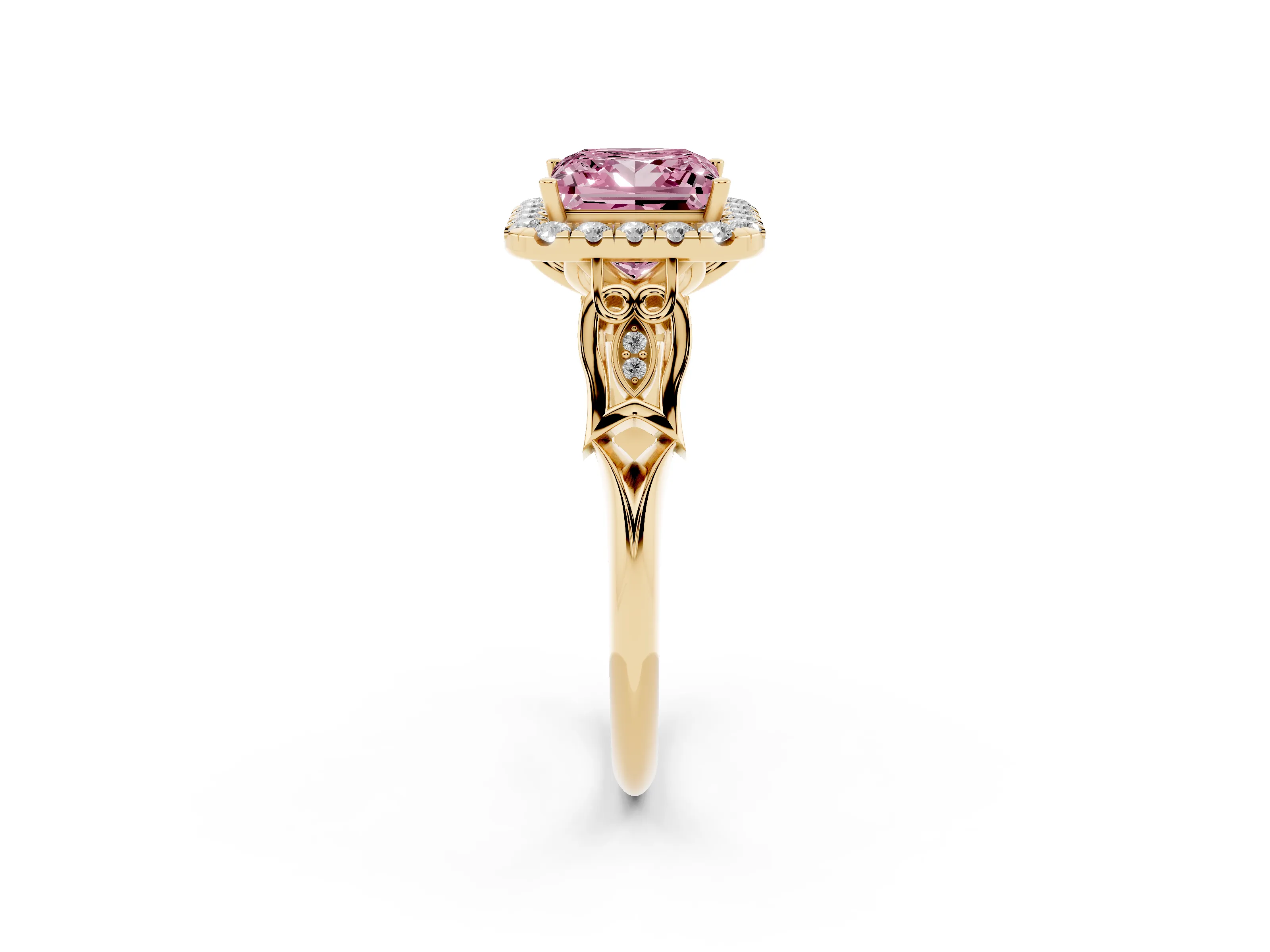 Fancy Pink Princess Cut Diamond Halo Engagement Ring Set in Yellow gold with Filigree Band and Prong-Set Center