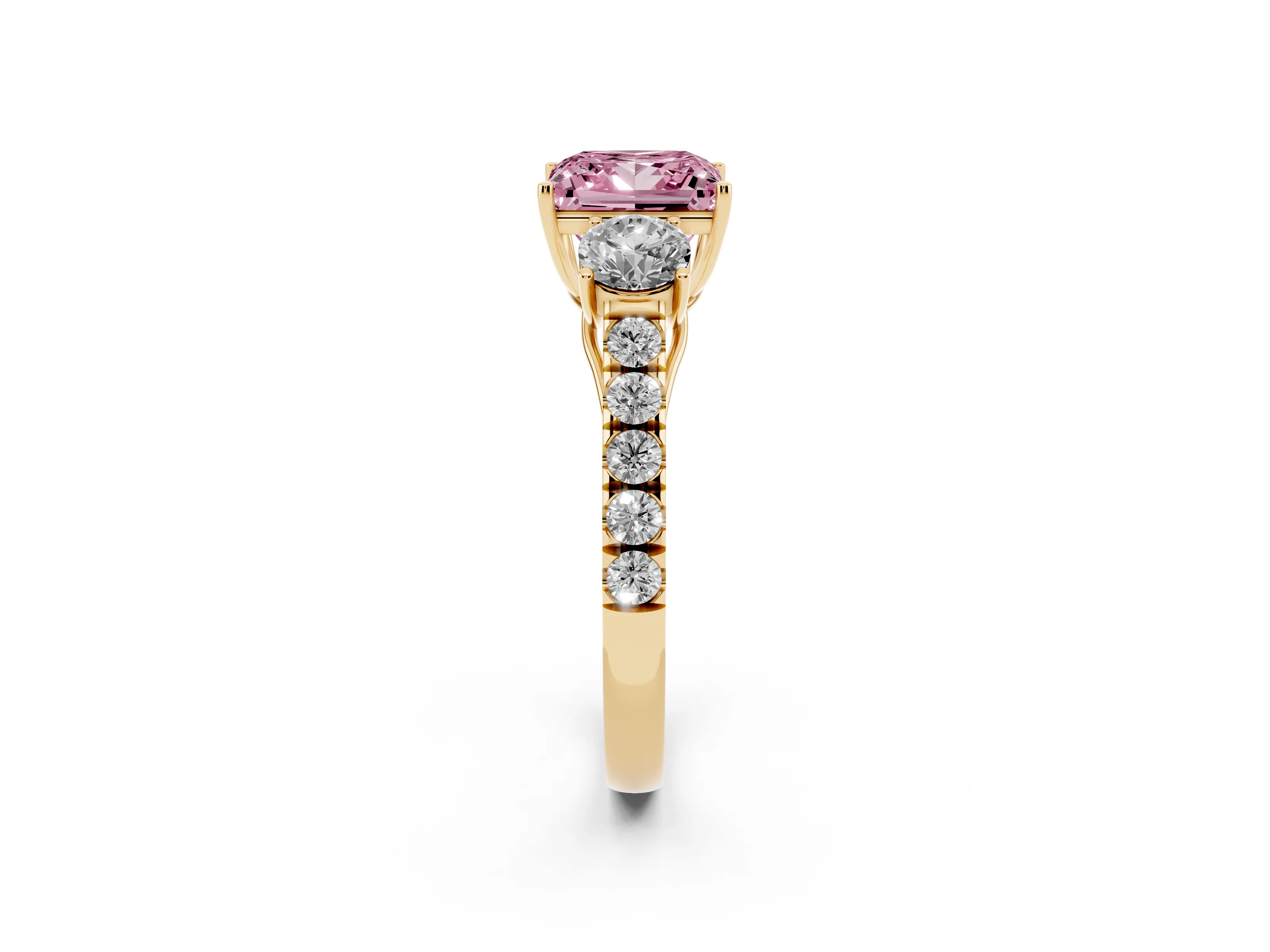 Fancy Pink Princess Cut Diamond Three-Stone Ring Set in Yellow gold with Round Side Stones and Delicate Pavé Band
