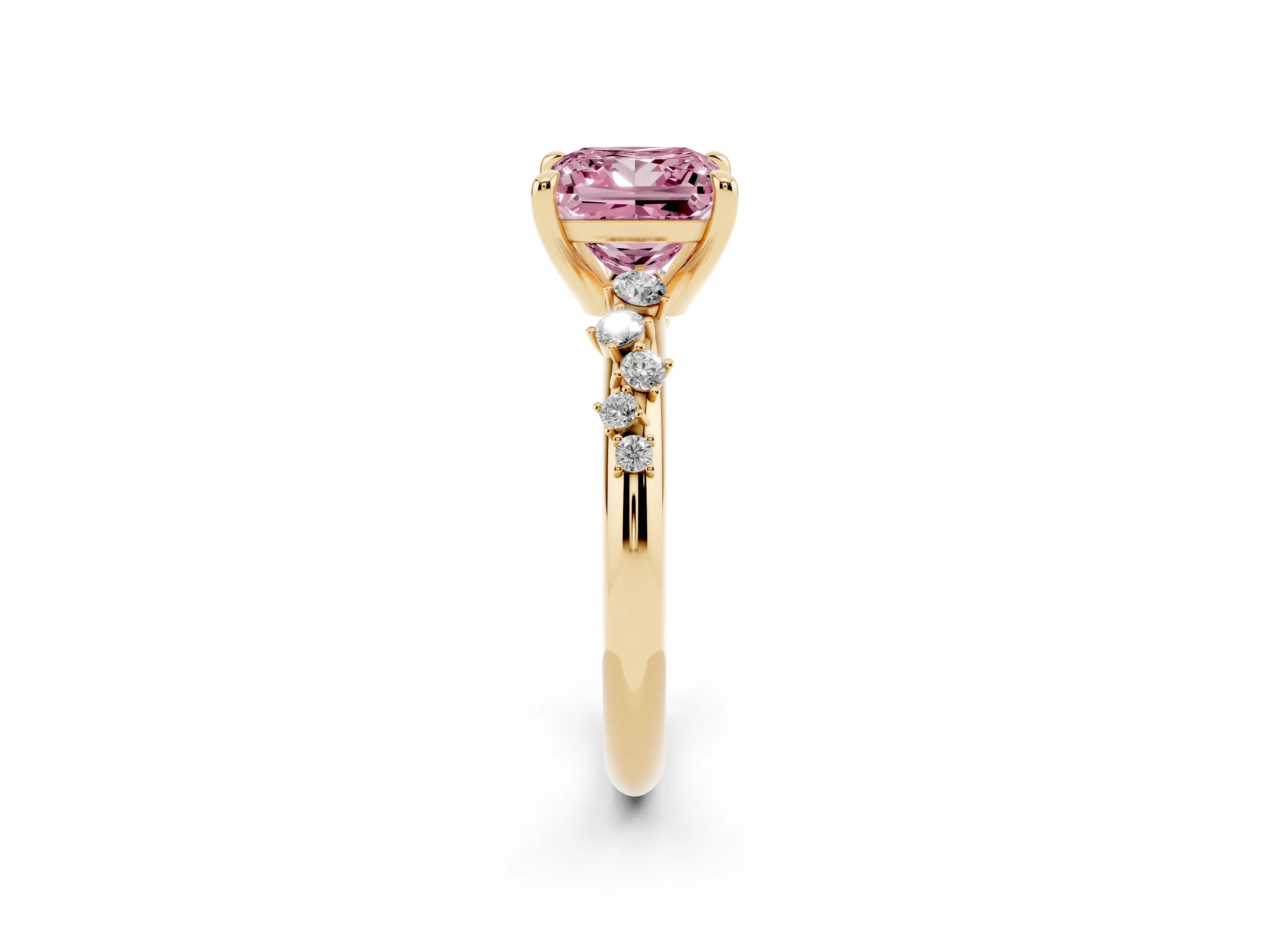 Fancy Pink Princess Cut Diamond Solitaire Vine Band Ring Set in Yellow gold with Round Accents and Prong Setting