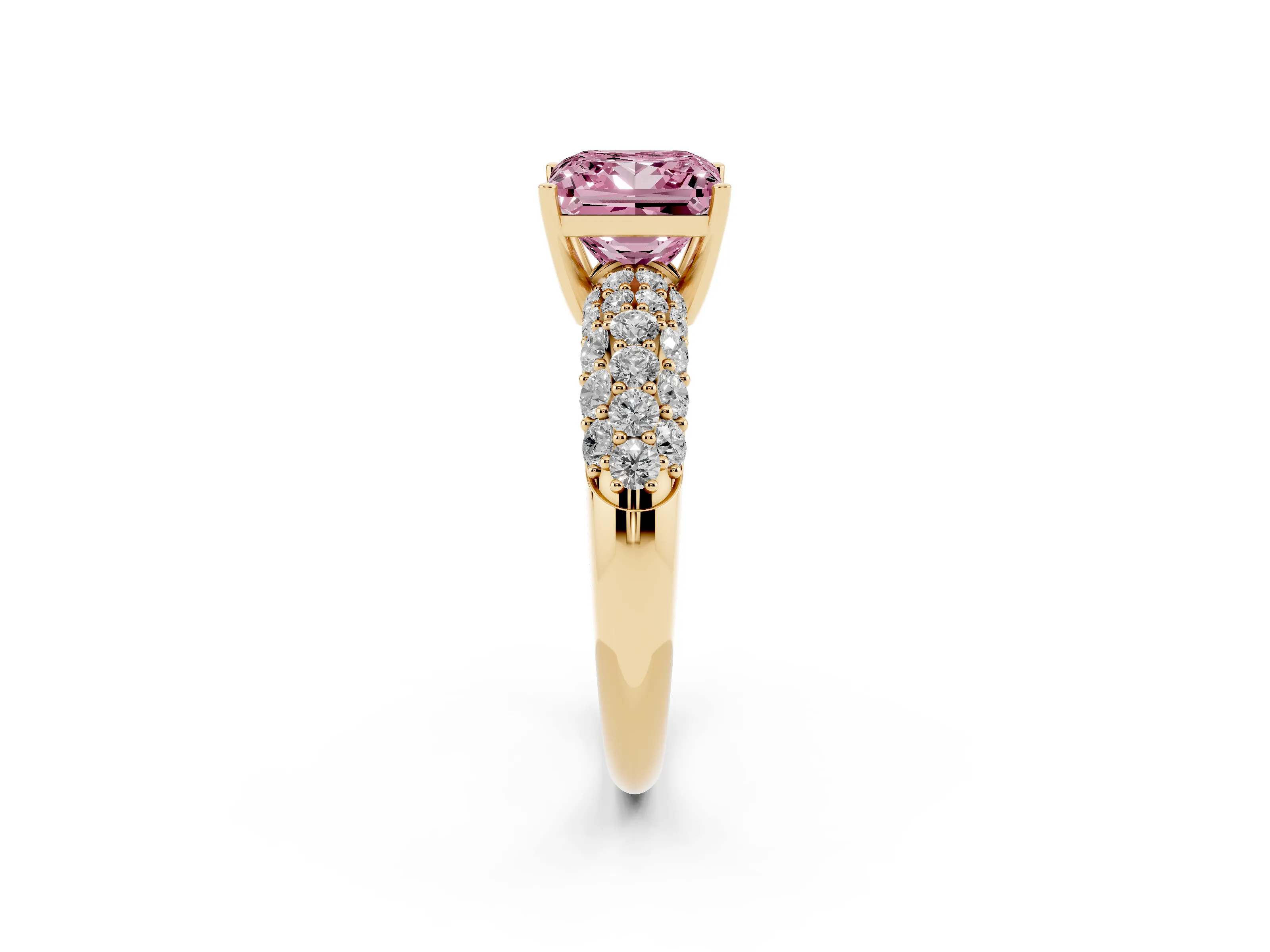 Fancy Pink Princess Cut Diamond Pavé Band Solitaire Ring Set in Yellow gold with Close-Set Accent Stones and Prong Setting