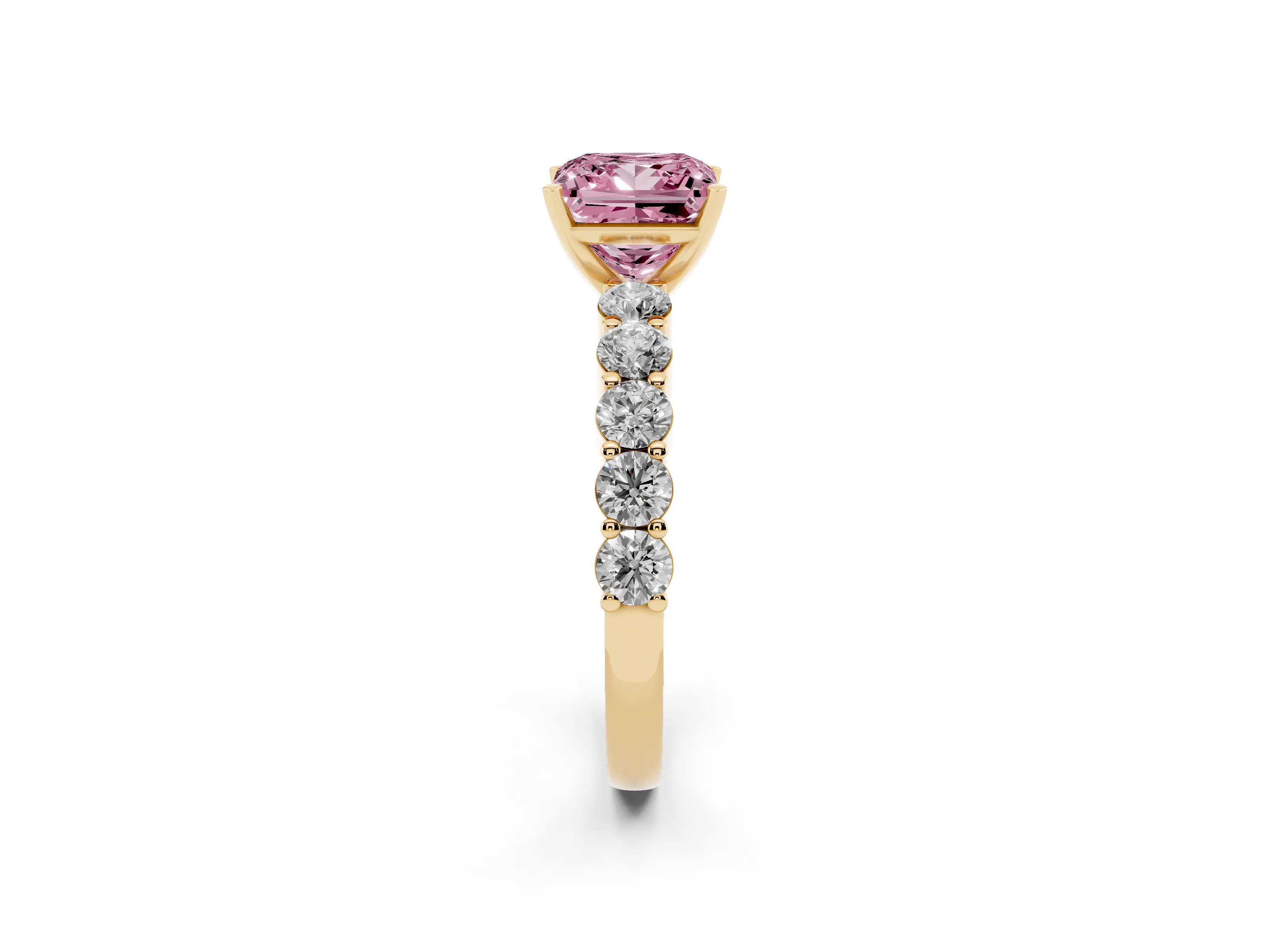 Fancy Pink Princess Cut Diamond Solitaire Ring Set in Yellow gold with Shared Prong Round Side Stones