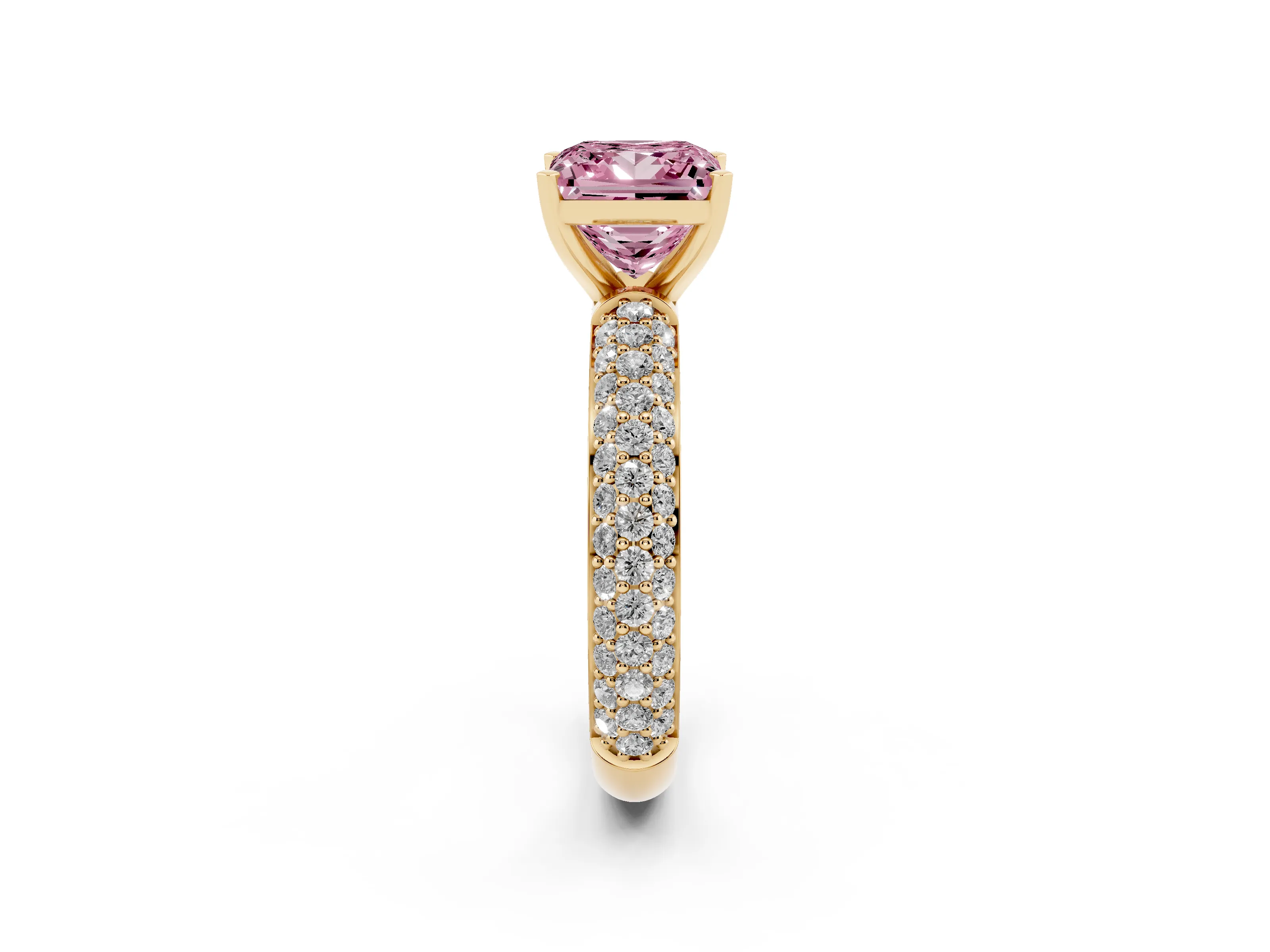 Fancy Pink Princess Cut Diamond Solitaire Ring Set in Yellow gold with Prong Setting and Pavé-Set Band