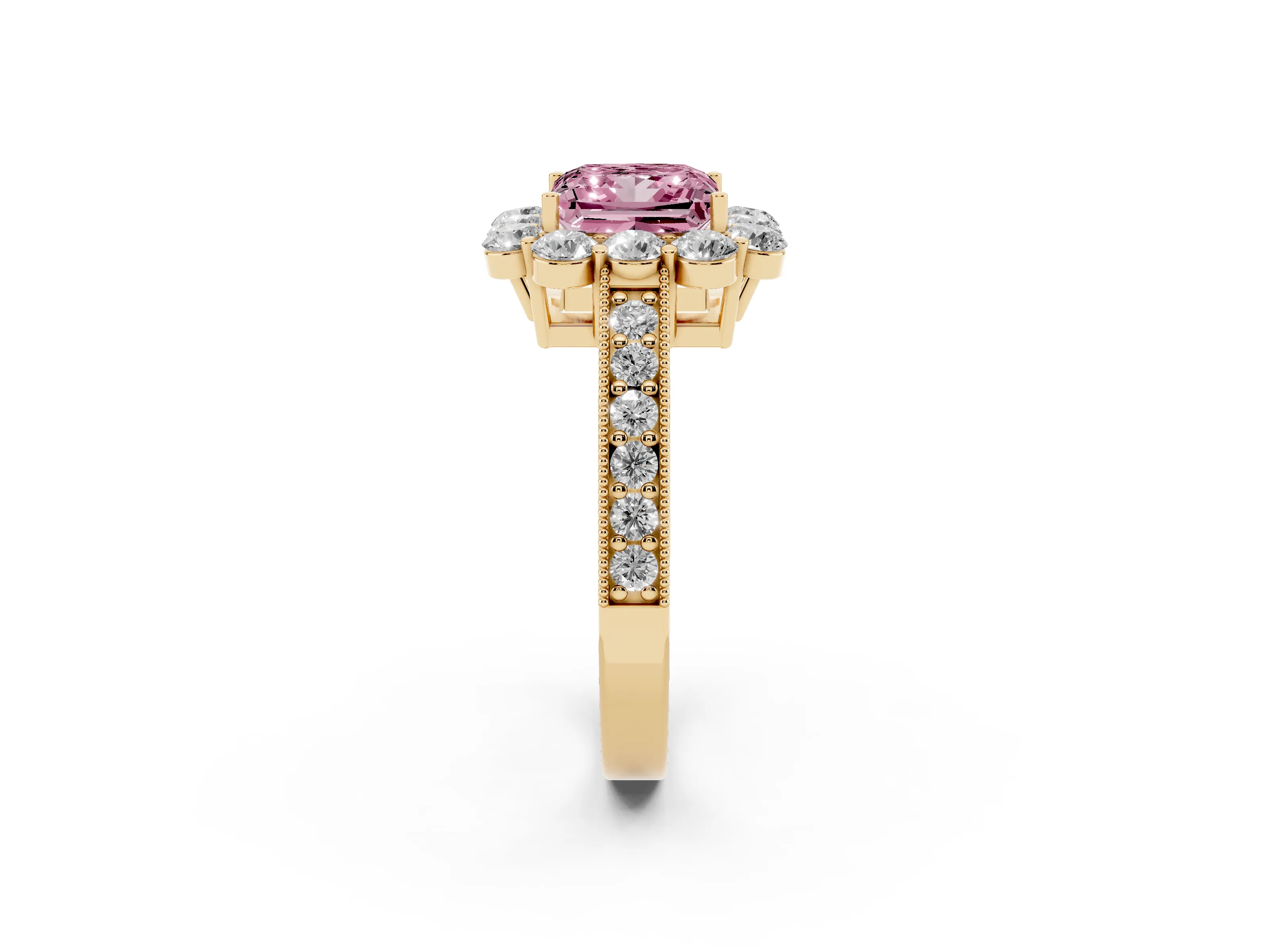 Fancy Pink Princess Cut Diamond Halo Pavé Engagement Ring Set in Yellow gold with Milgrain Detailing